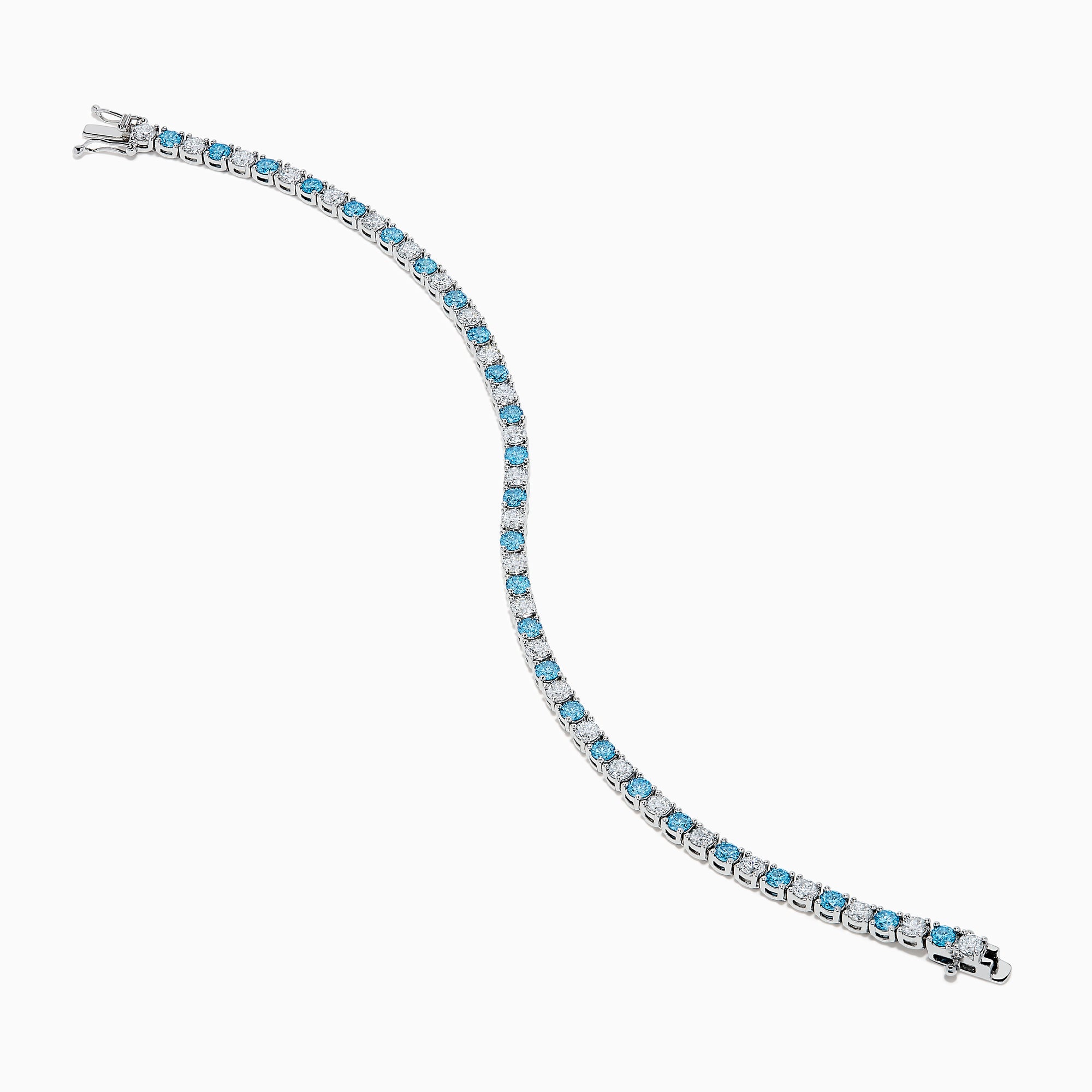 The Lab Grown Blue and White Diamond Tennis Bracelet in 14K White Gold features alternating round blue and white diamonds set in a continuous line, shown against a white background.