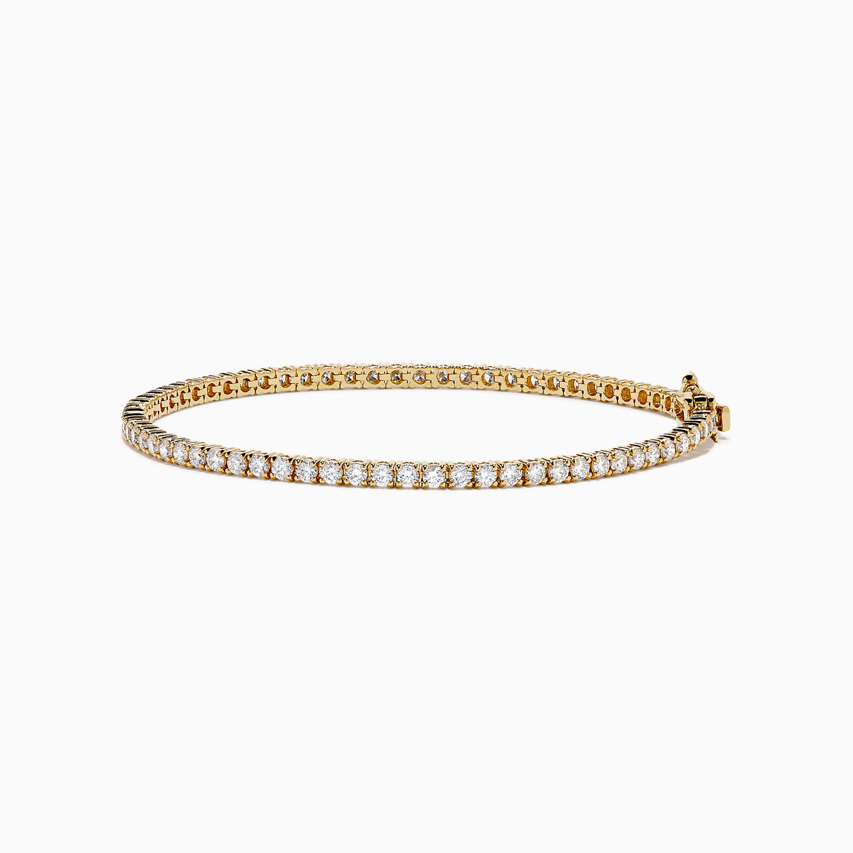 The Lab Grown Diamond 2.95ct Tennis Bracelet in 14K Yellow Gold showcases a continuous line of round lab grown diamonds in prong settings, beautifully displayed against a plain white background.