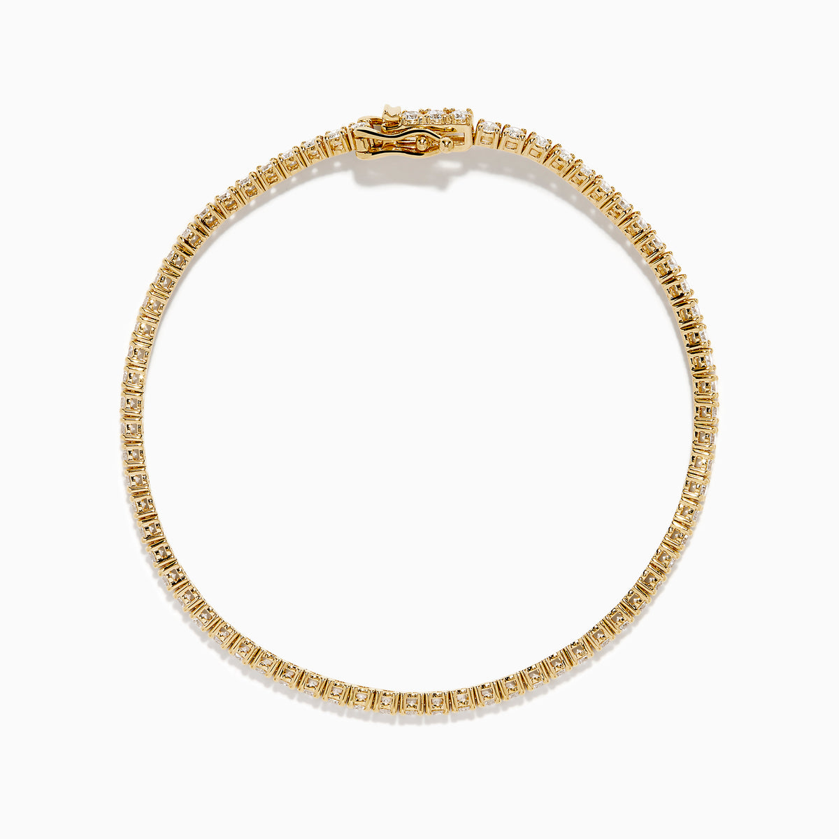 The Lab Grown Diamond 2.95ct Tennis Bracelet in 14K Yellow Gold showcases a continuous line of round lab grown diamonds in prong settings, beautifully displayed against a plain white background.