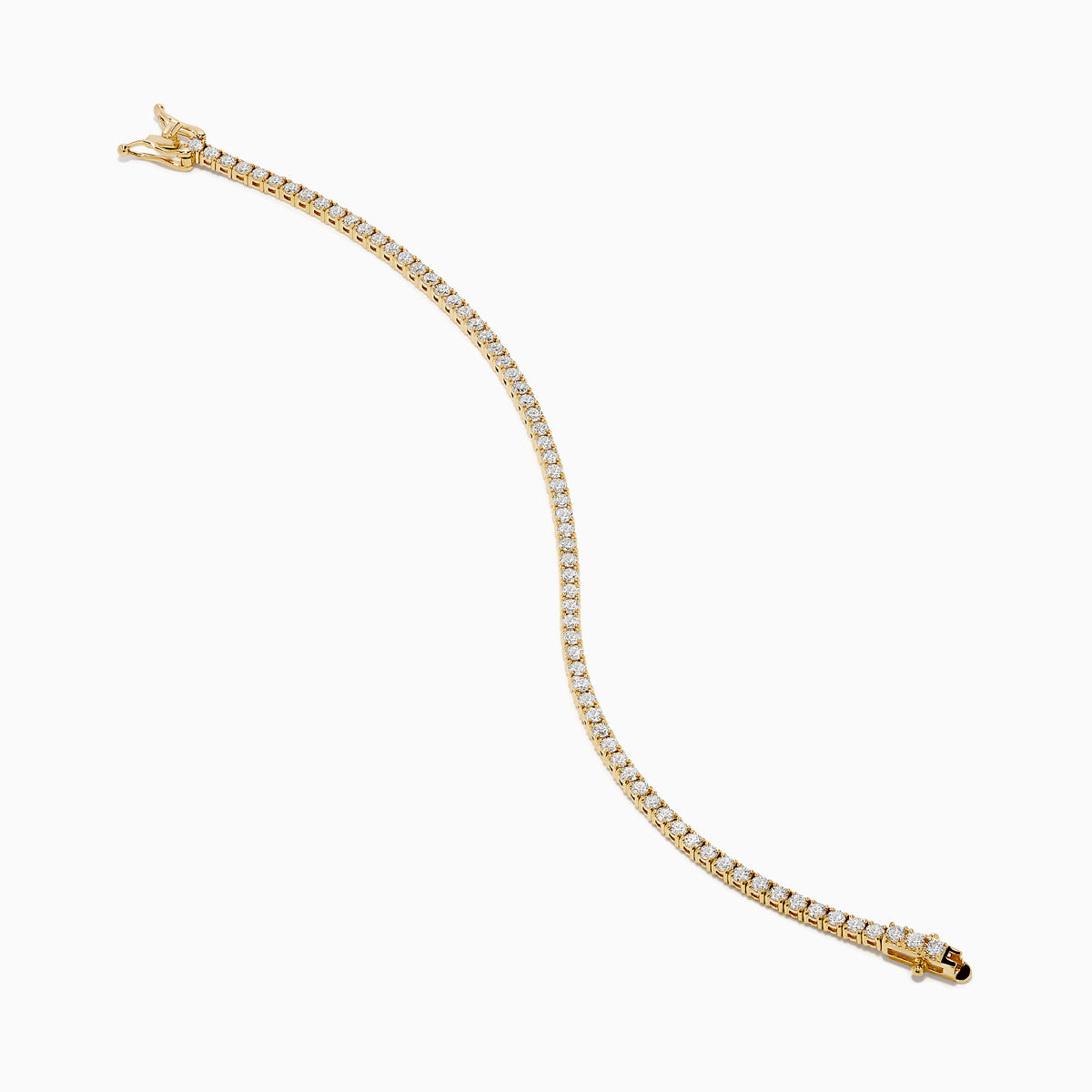 The Lab Grown Diamond 2.95ct Tennis Bracelet in 14K Yellow Gold showcases a continuous line of round lab grown diamonds in prong settings, beautifully displayed against a plain white background.
