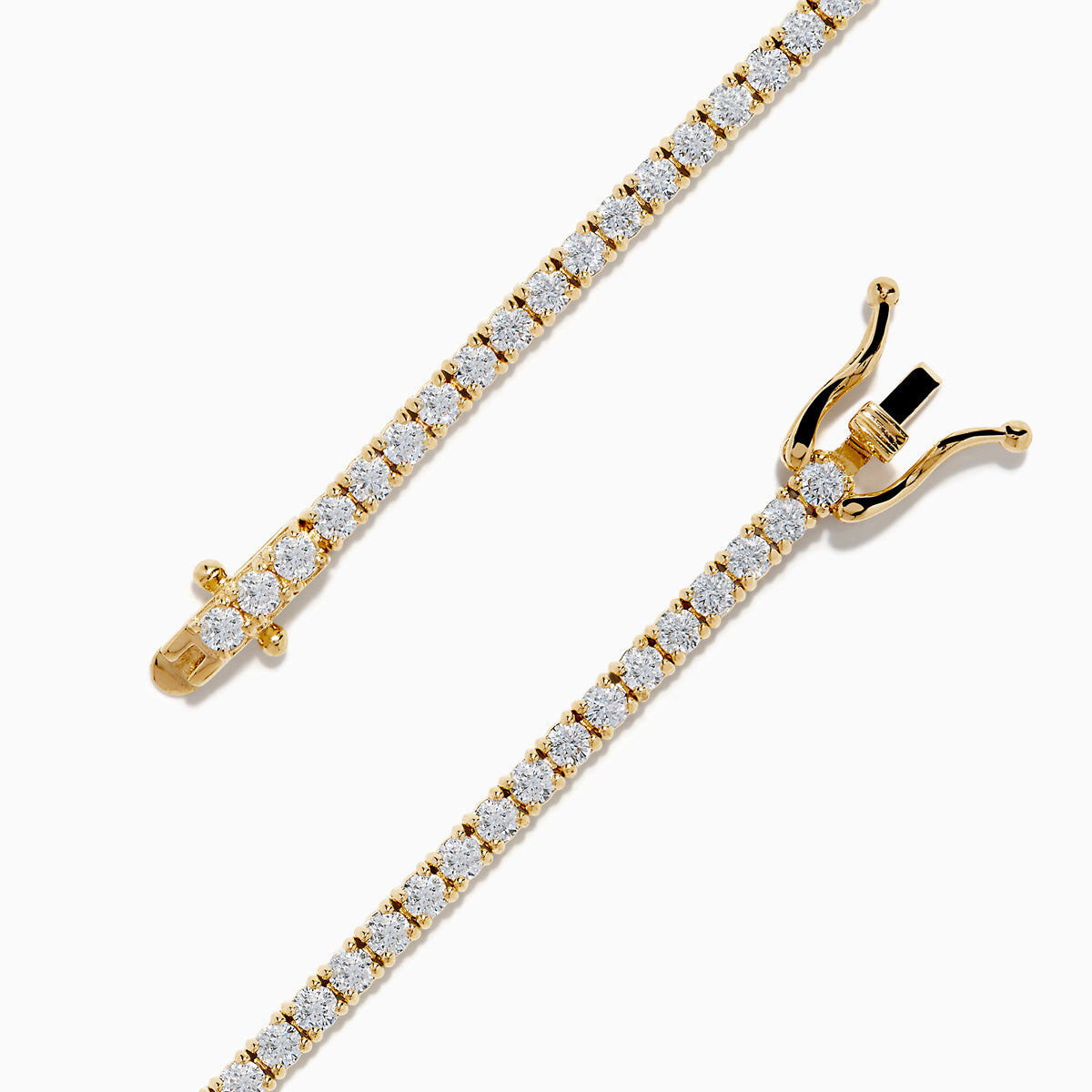 The Lab Grown Diamond 2.95ct Tennis Bracelet in 14K Yellow Gold showcases a continuous line of round lab grown diamonds in prong settings, beautifully displayed against a plain white background.