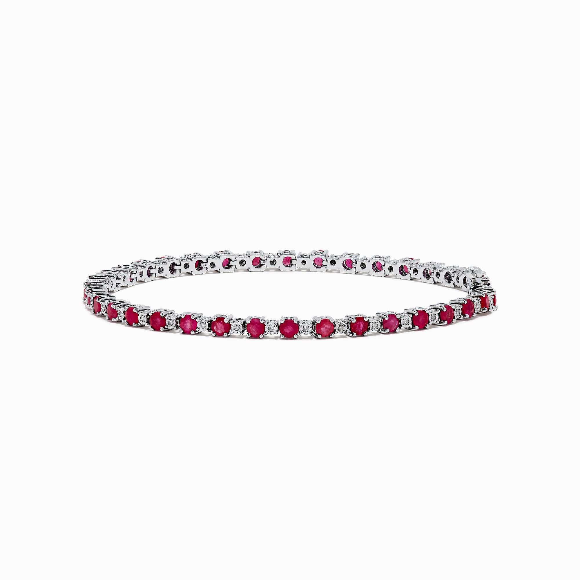 The 925 Sterling Silver Ruby and Diamond Tennis Bracelet features a continuous row of round rubies and diamonds set in individual prongs, forming an elegant circle for timeless sophistication.