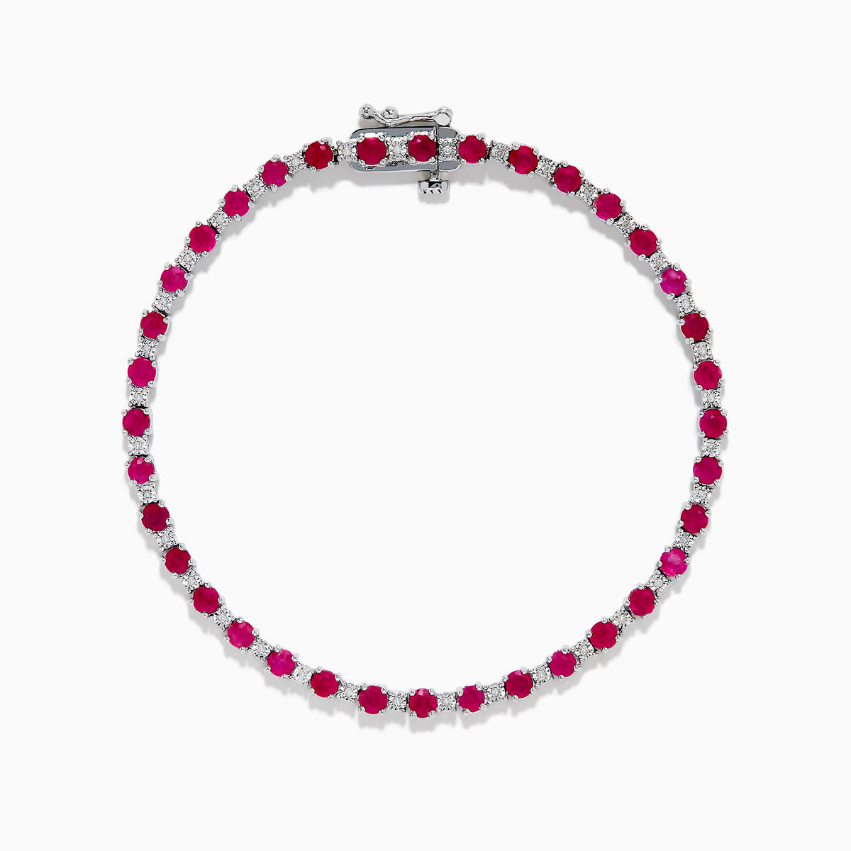 The 925 Sterling Silver Ruby and Diamond Tennis Bracelet features a continuous row of round rubies and diamonds set in individual prongs, forming an elegant circle for timeless sophistication.