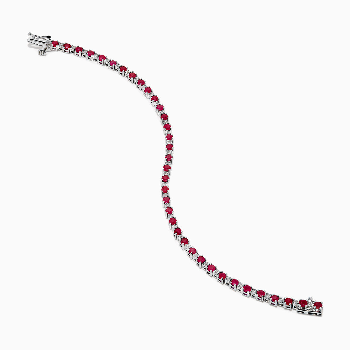 The 925 Sterling Silver Ruby and Diamond Tennis Bracelet features a continuous row of round rubies and diamonds set in individual prongs, forming an elegant circle for timeless sophistication.