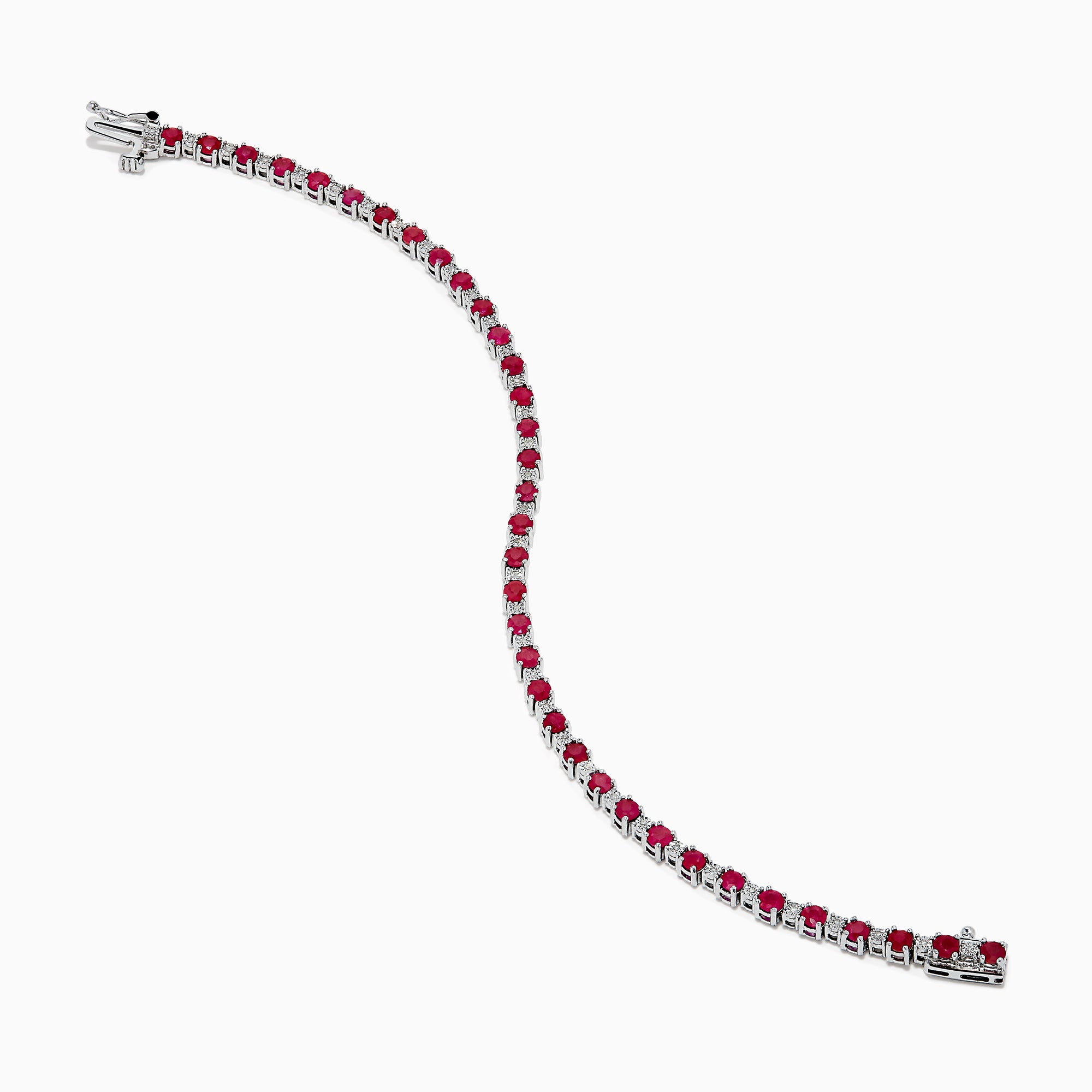 The 925 Sterling Silver Ruby and Diamond Tennis Bracelet features a continuous row of round rubies and diamonds set in individual prongs, forming an elegant circle for timeless sophistication.