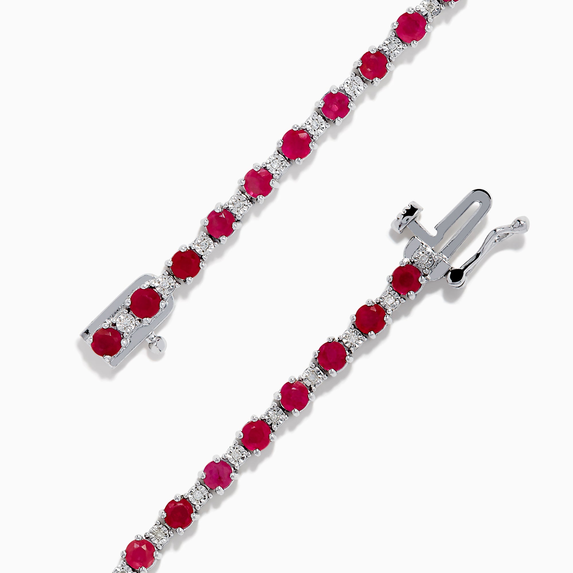 The 925 Sterling Silver Ruby and Diamond Tennis Bracelet features a continuous row of round rubies and diamonds set in individual prongs, forming an elegant circle for timeless sophistication.