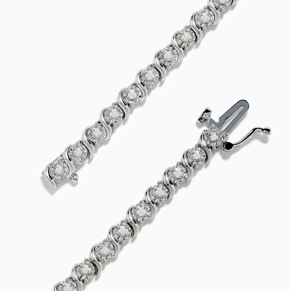 The 925 Silver Diamond Tennis Bracelet showcases a continuous line of sparkling diamond accents in prong settings, secured with a clasp and beautifully displayed against a white background.