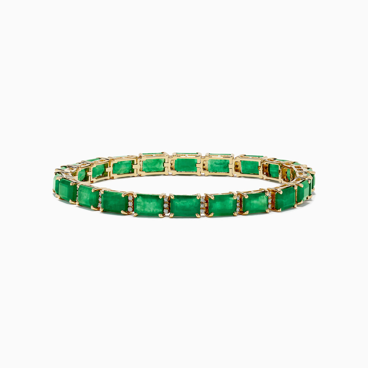 The Brasilica 14K Yellow Gold Emerald and Diamond Tennis Bracelet showcases a row of rectangular emeralds and sparkling diamonds set in prongs, forming an elegant, continuous design against a plain white background.