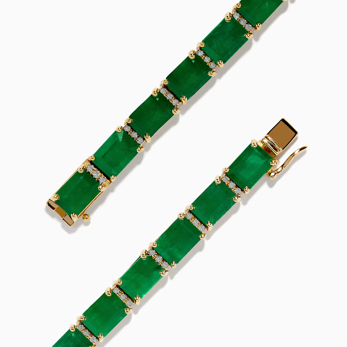The Brasilica 14K Yellow Gold Emerald and Diamond Tennis Bracelet showcases a row of rectangular emeralds and sparkling diamonds set in prongs, forming an elegant, continuous design against a plain white background.