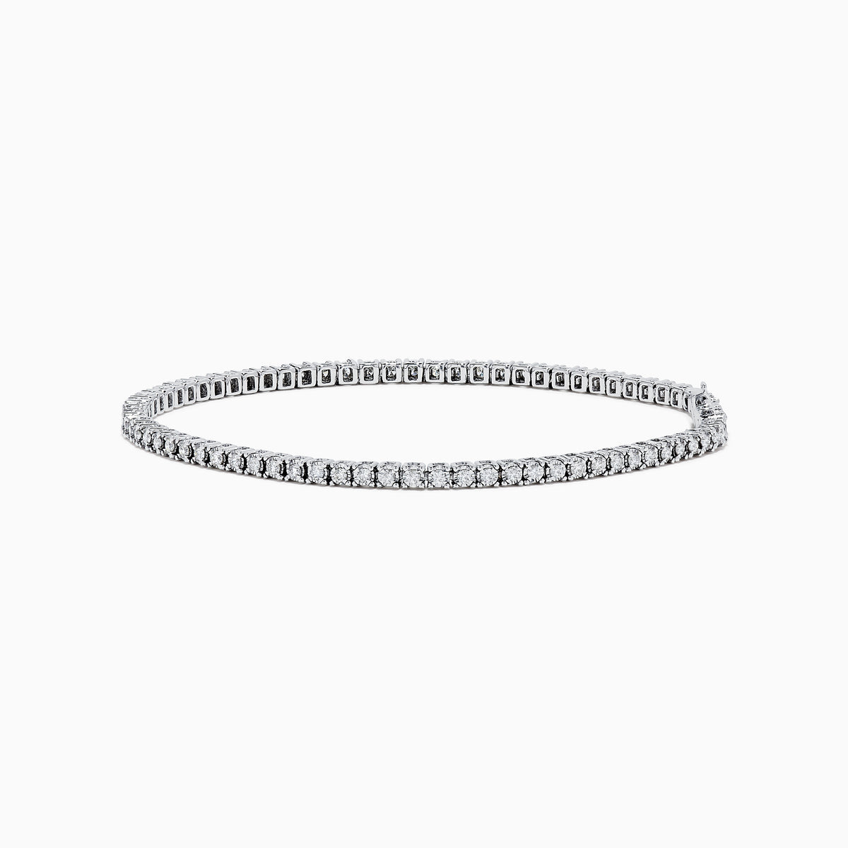 The 14K White Gold Diamond Tennis Bracelet 0.98 TCW features a slender band adorned with a continuous line of sparkling diamonds, beautifully displayed on a white background.