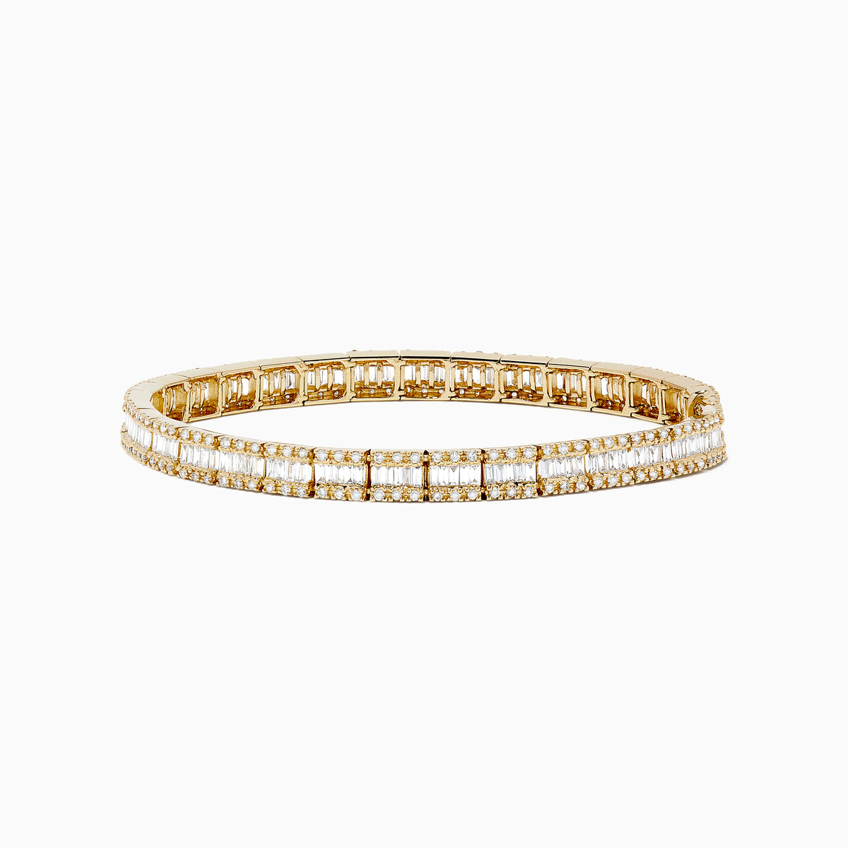 The Classique 14k Yellow Gold Diamond Tennis Bracelet features two rows of sparkling diamonds totaling 2.65 TCW, reminiscent of a classic tennis bracelet, beautifully displayed against a white background.