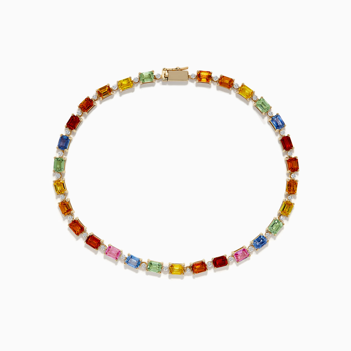 The Watercolors 14K Yellow Multi Sapphire and Diamond Tennis Bracelet features yellow multi sapphires and diamonds in a repeating pattern, secured with a box clasp.