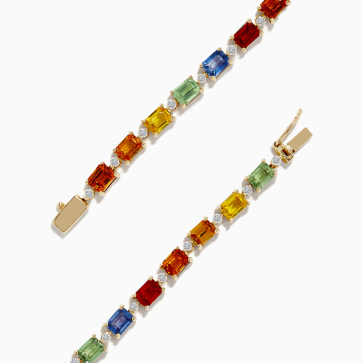 The Watercolors 14K Yellow Multi Sapphire and Diamond Tennis Bracelet features yellow multi sapphires and diamonds in a repeating pattern, secured with a box clasp.