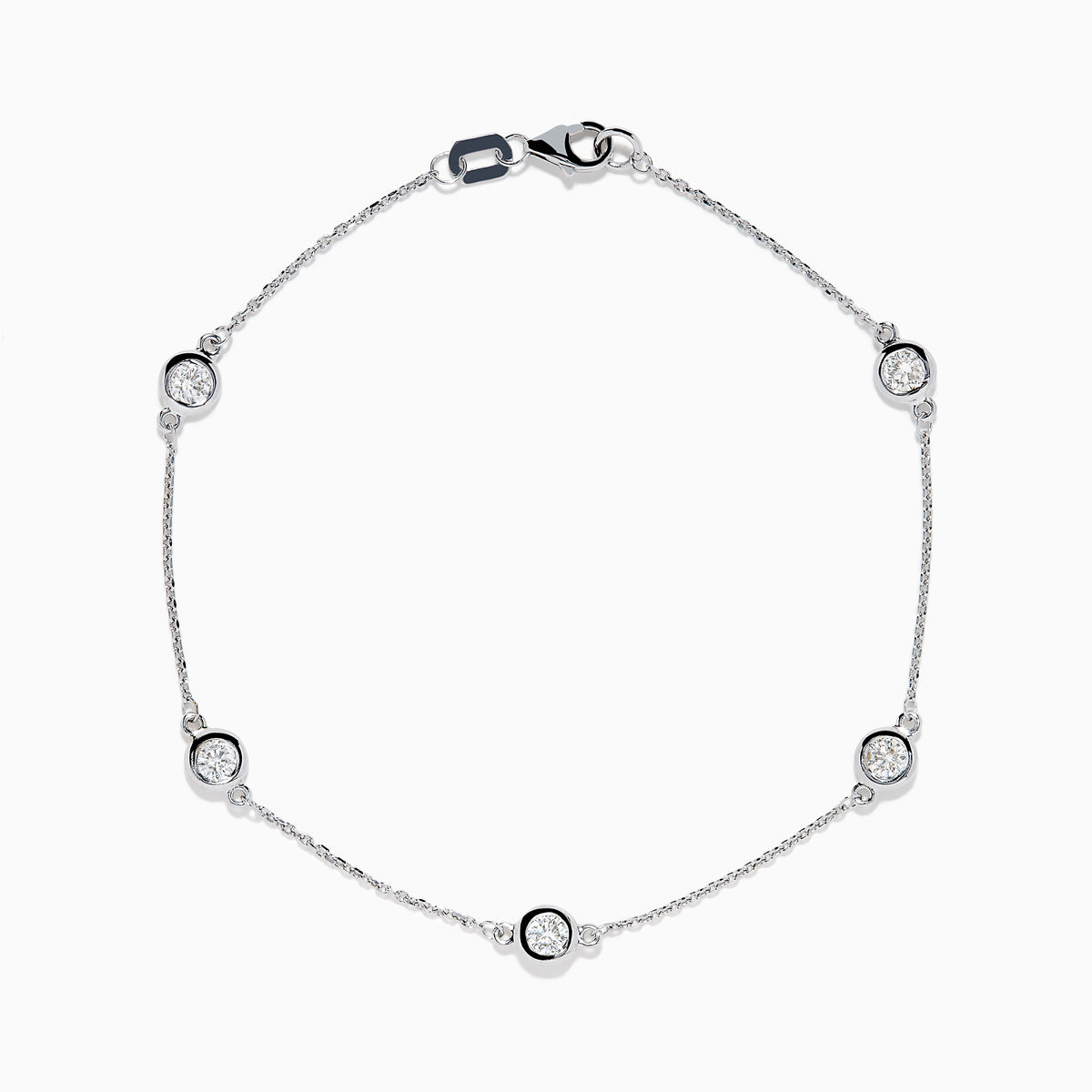 The 14K White Gold Bezel Diamond Bezel Bracelet features five round diamond-like stones in bezel settings, evenly spaced along a delicate chain, and secured with a lobster clasp.