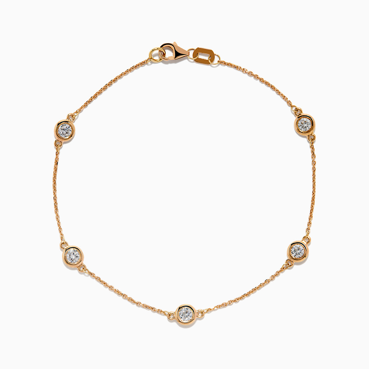 The Pave Rose 14K Rose Gold Diamond Station Bracelet features five round diamonds in gold bezels on a delicate chain with a lobster clasp, shown on a white background.