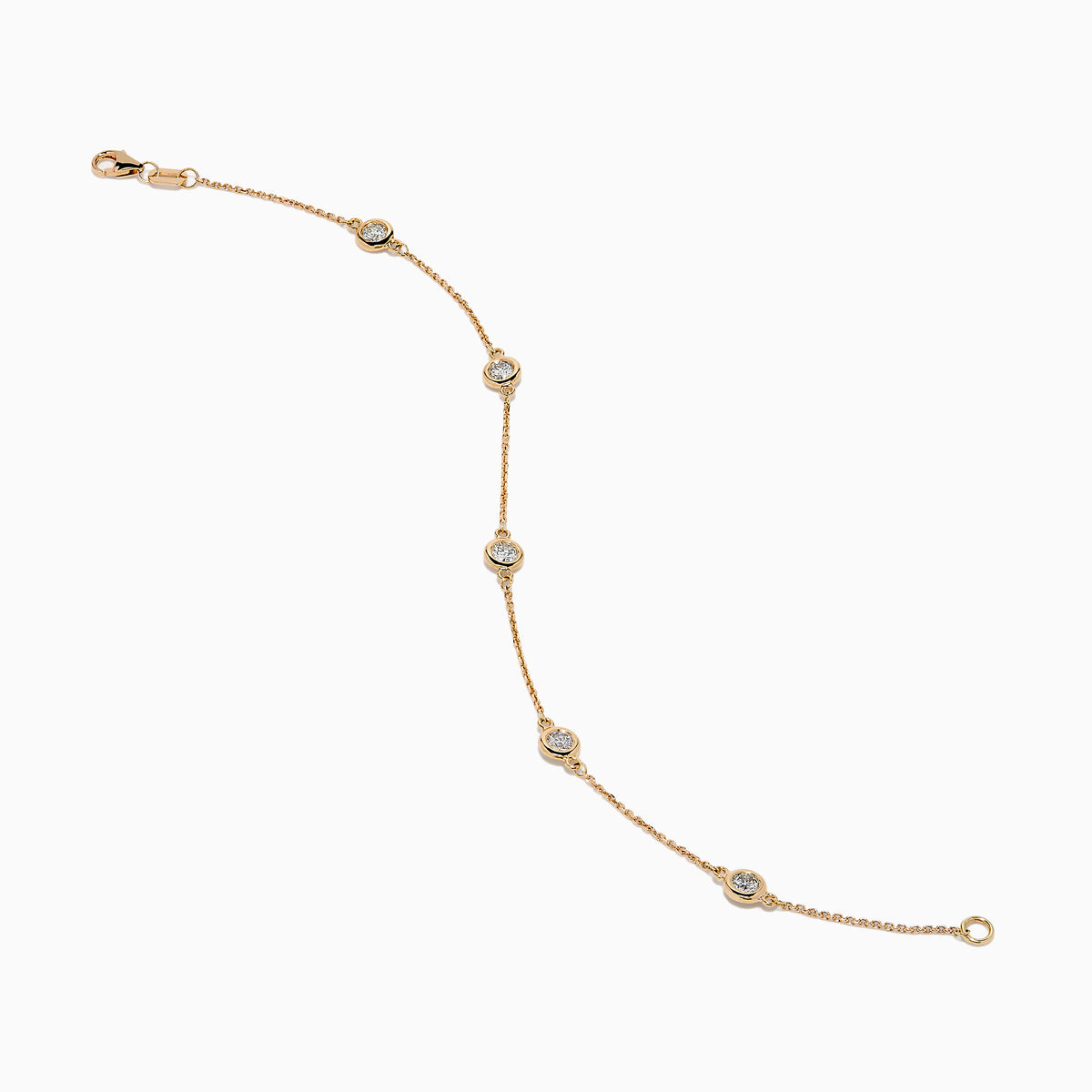 The Pave Rose 14K Rose Gold Diamond Station Bracelet features five evenly spaced round diamond settings and a clasp closure, elegantly displayed on a white background.