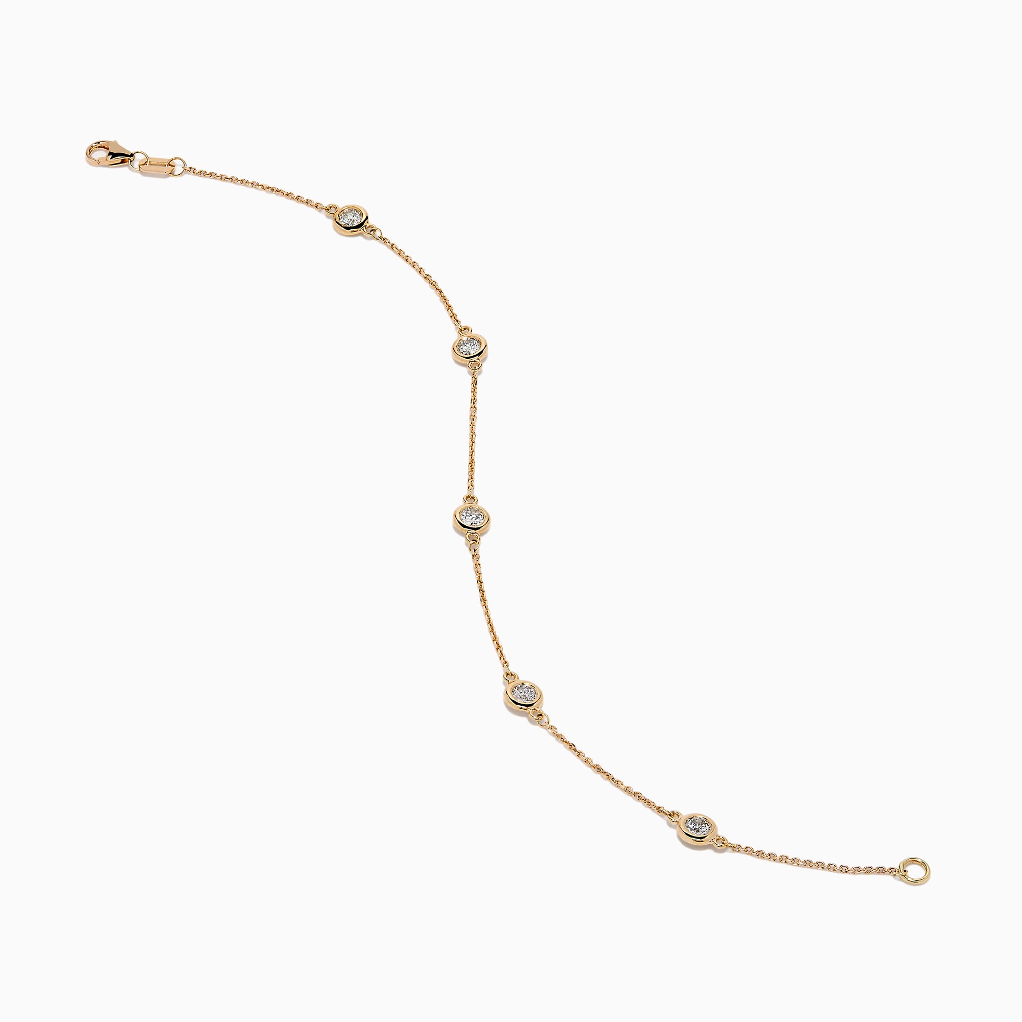 The Pave Rose 14K Rose Gold Diamond Station Bracelet features five evenly spaced round diamond settings and a clasp closure, elegantly displayed on a white background.