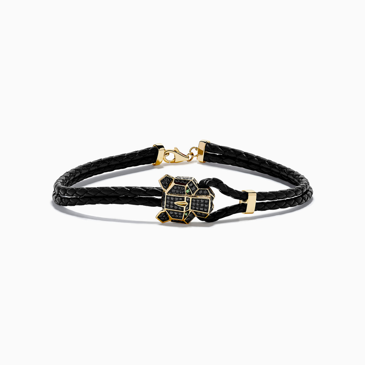 A black braided leather bracelet featuring a signature 14K yellow gold panther center with black diamond and tsavorite accents, finished with a gold clasp for men.