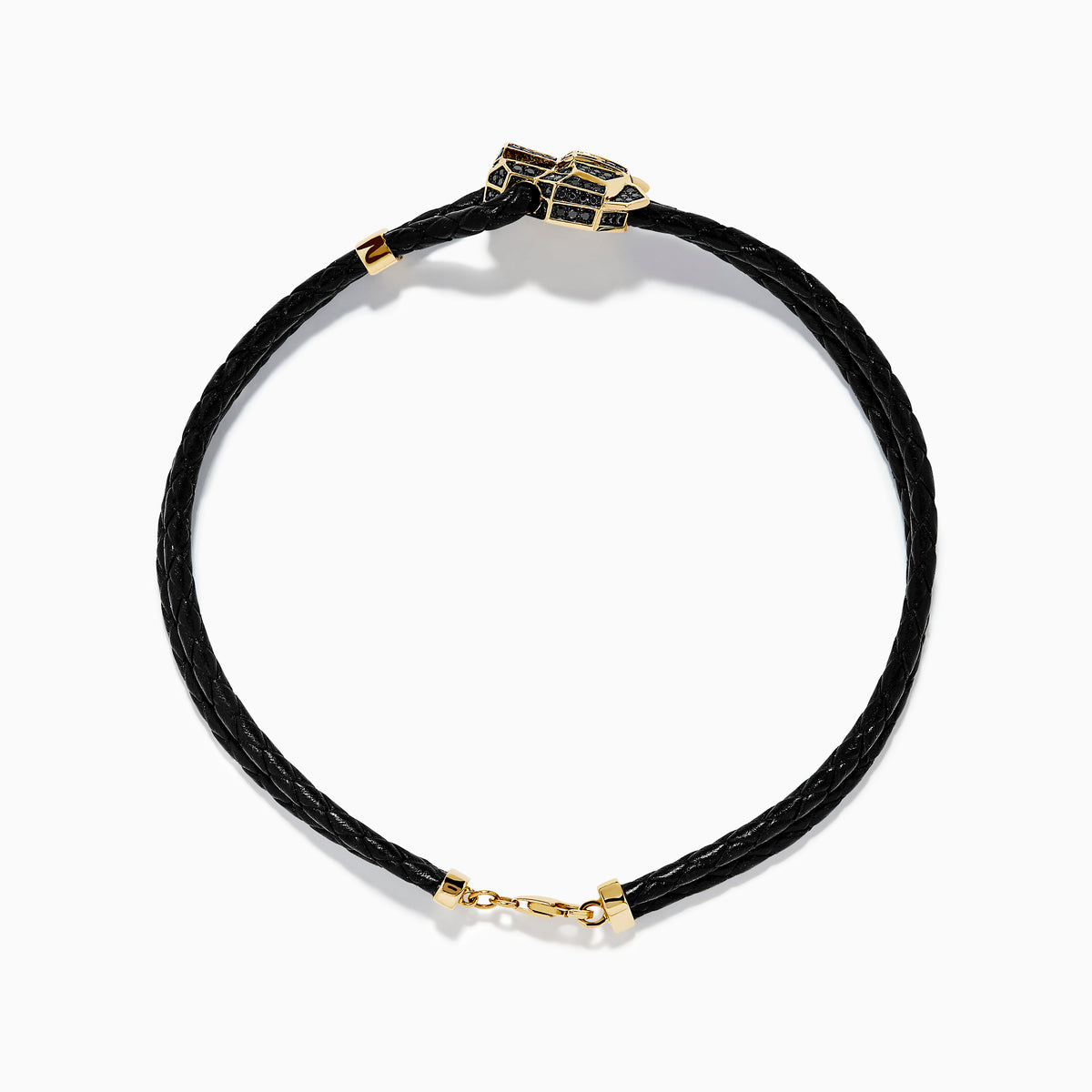 A black braided leather bracelet featuring a signature 14K yellow gold panther center with black diamond and tsavorite accents, finished with a gold clasp for men.