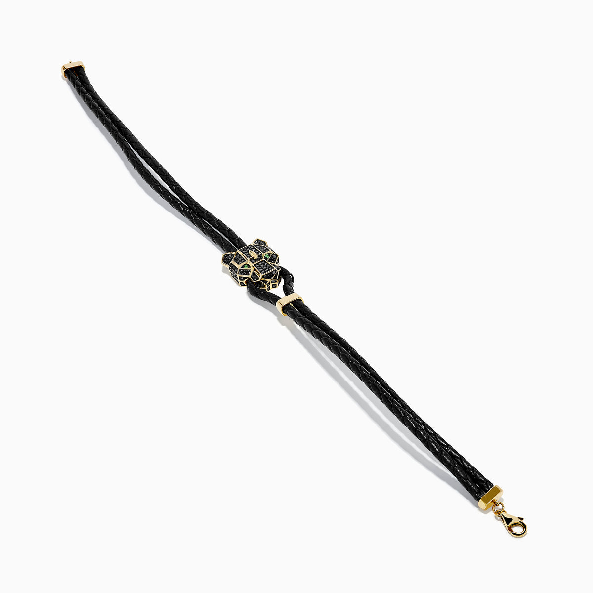 A black braided leather bracelet featuring a signature 14K yellow gold panther center with black diamond and tsavorite accents, finished with a gold clasp for men.