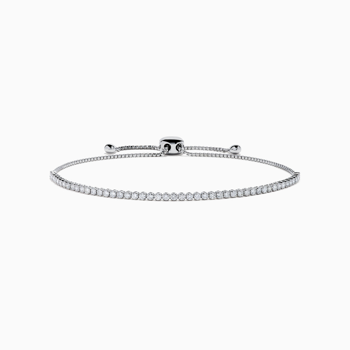 The 14K White Gold Pave Diamond Bolo Bracelet features a row of sparkling diamonds and a sliding clasp, elegantly displayed on a white background.