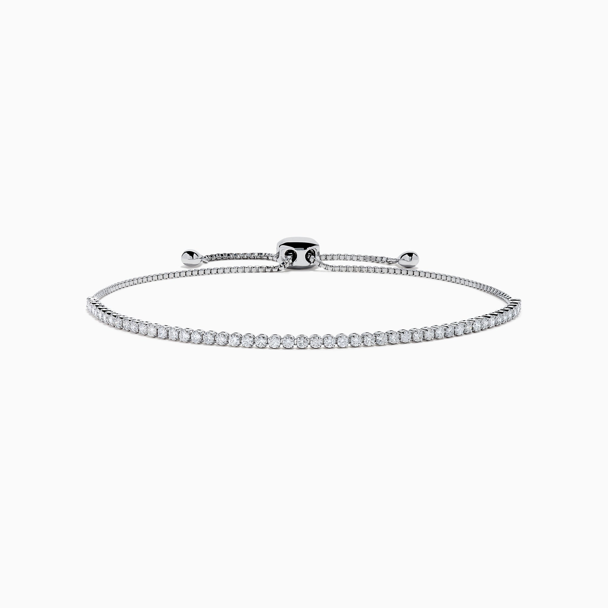 The 14K White Gold Pave Diamond Bolo Bracelet features a row of sparkling diamonds and a sliding clasp, elegantly displayed on a white background.