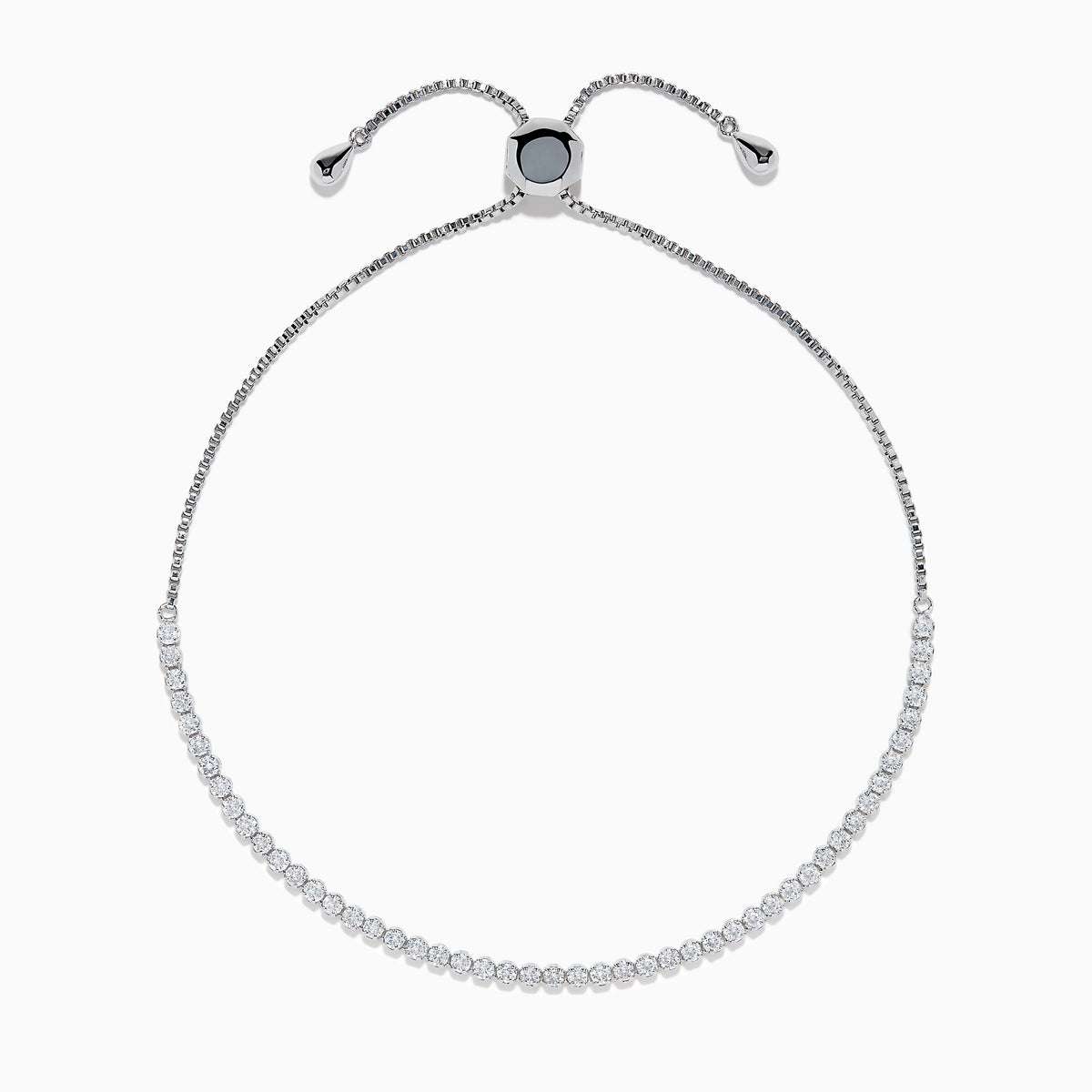 The 14K White Gold Pave Diamond Bolo Bracelet features a row of sparkling diamonds and a sliding clasp, elegantly displayed on a white background.