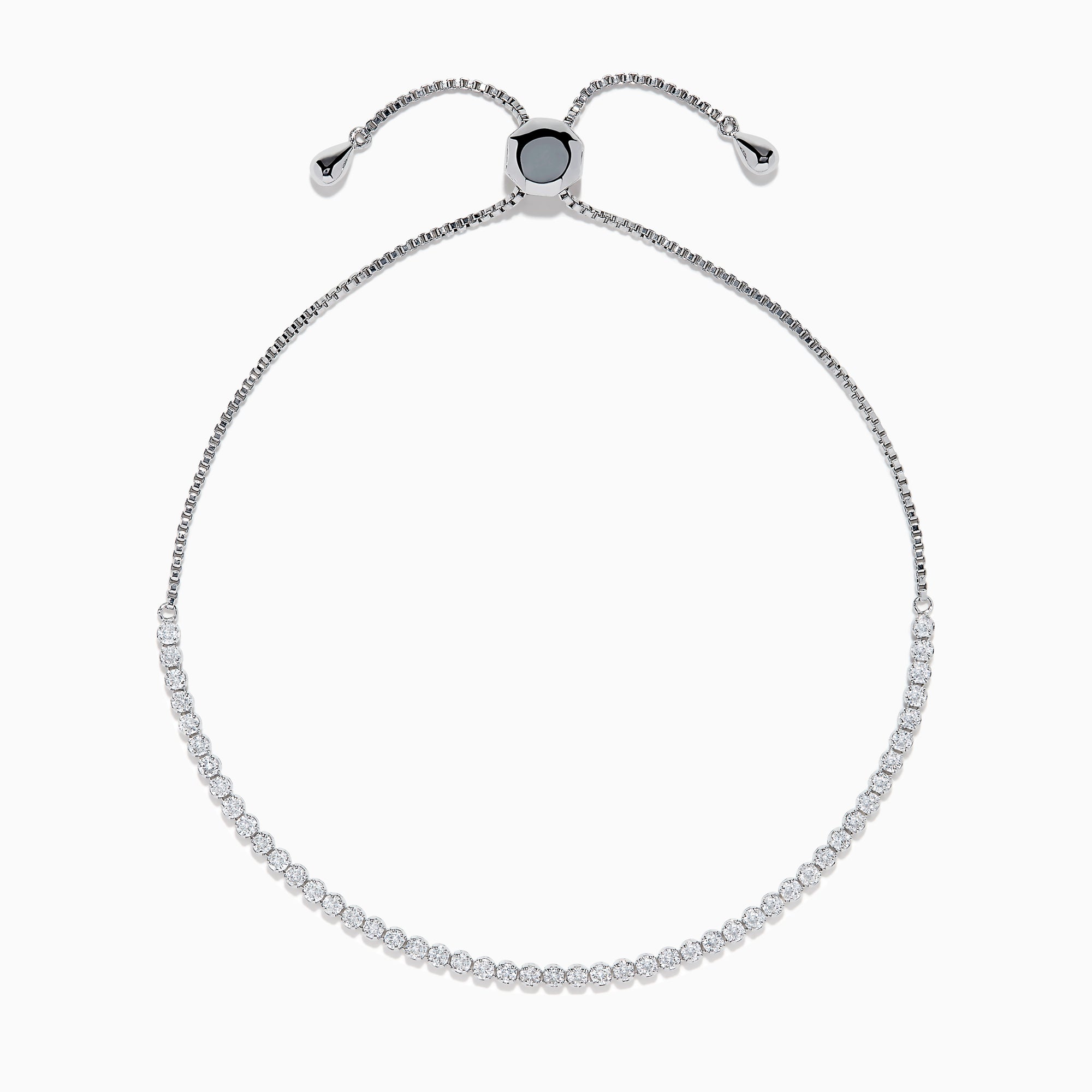The 14K White Gold Pave Diamond Bolo Bracelet features a row of sparkling diamonds and a sliding clasp, elegantly displayed on a white background.