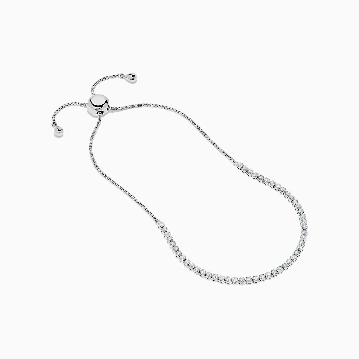 The 14K White Gold Pave Diamond Bolo Bracelet features a row of sparkling diamonds and a sliding clasp, elegantly displayed on a white background.