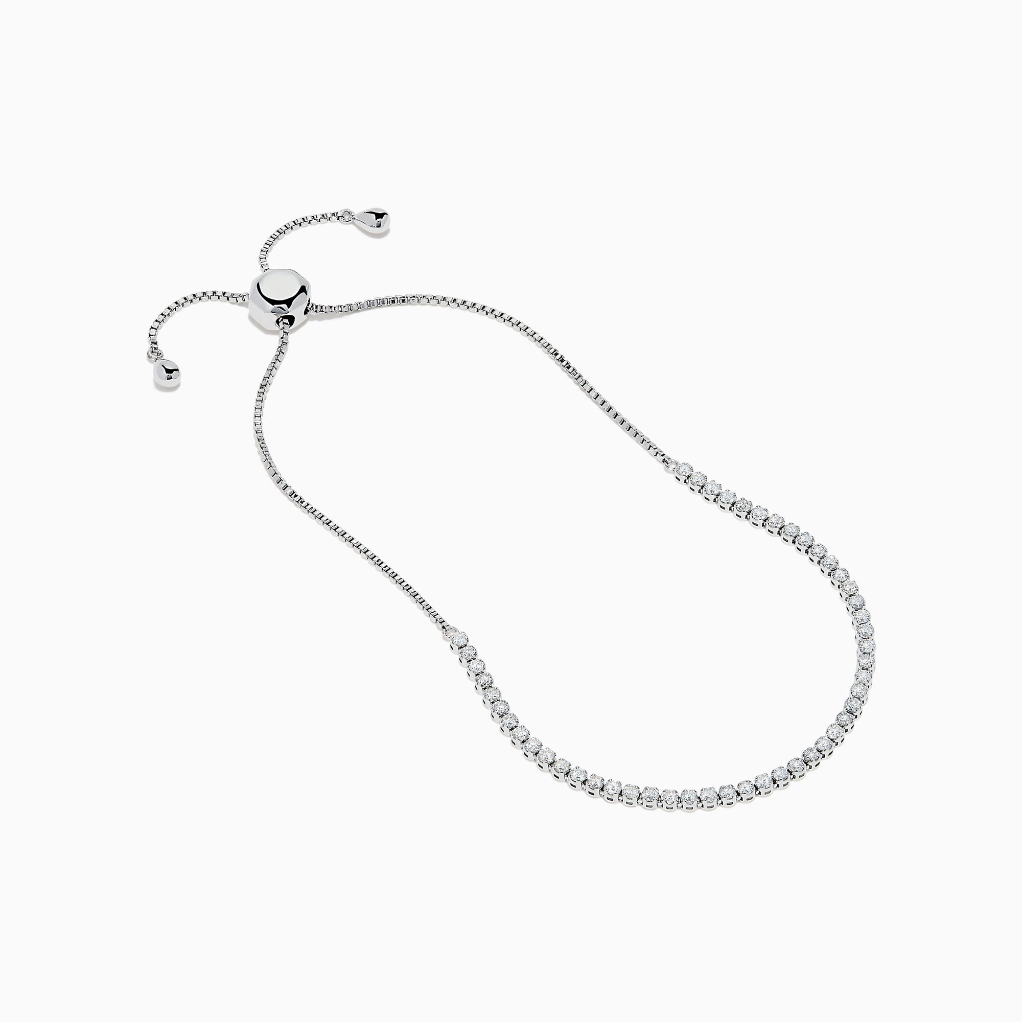 The 14K White Gold Pave Diamond Bolo Bracelet features a row of sparkling diamonds and a sliding clasp, elegantly displayed on a white background.