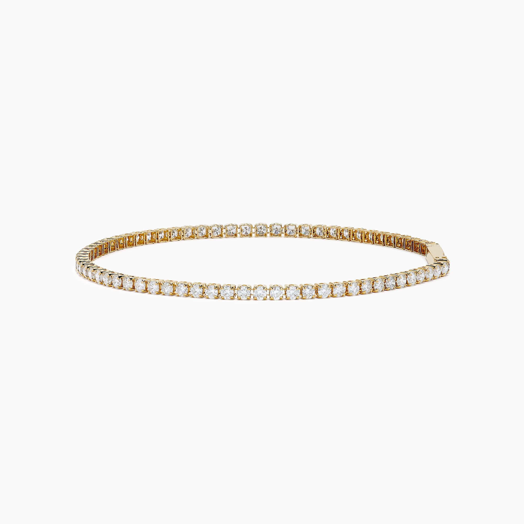 The 14K Yellow Gold Diamond Tennis Bracelet 2.33TCW, featuring a continuous row of sparkling round white diamonds, is elegantly shown on a simple white background.