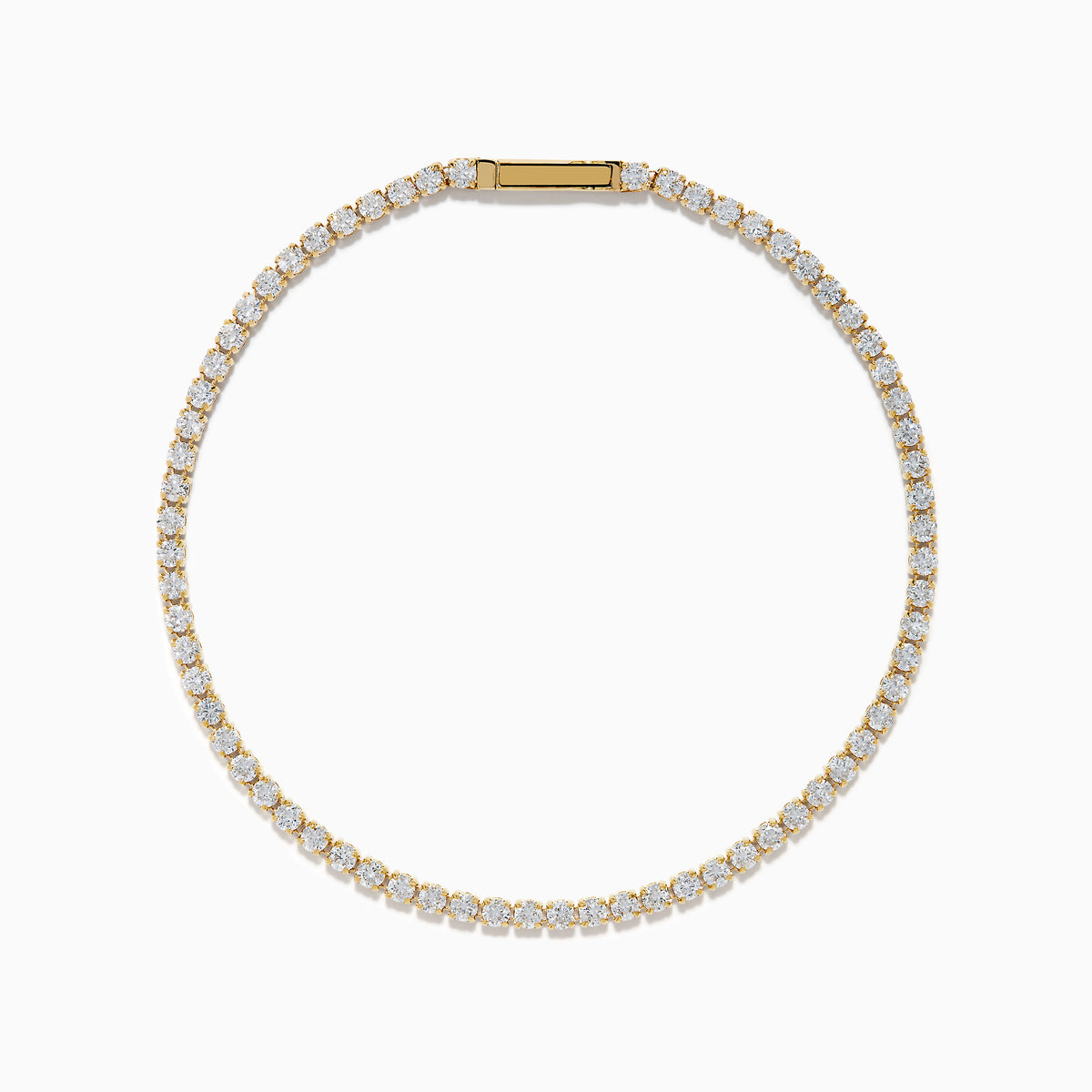 The 14K Yellow Gold Diamond Tennis Bracelet 2.33TCW, featuring a continuous row of sparkling round white diamonds, is elegantly shown on a simple white background.