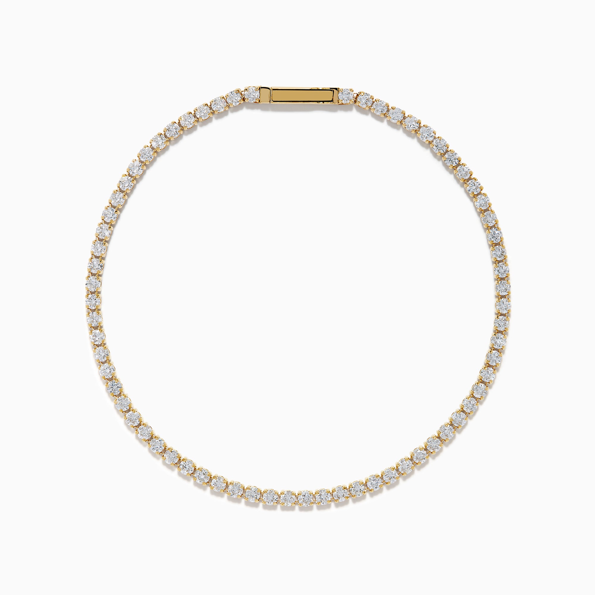 The 14K Yellow Gold Diamond Tennis Bracelet 2.33TCW, featuring a continuous row of sparkling round white diamonds, is elegantly shown on a simple white background.