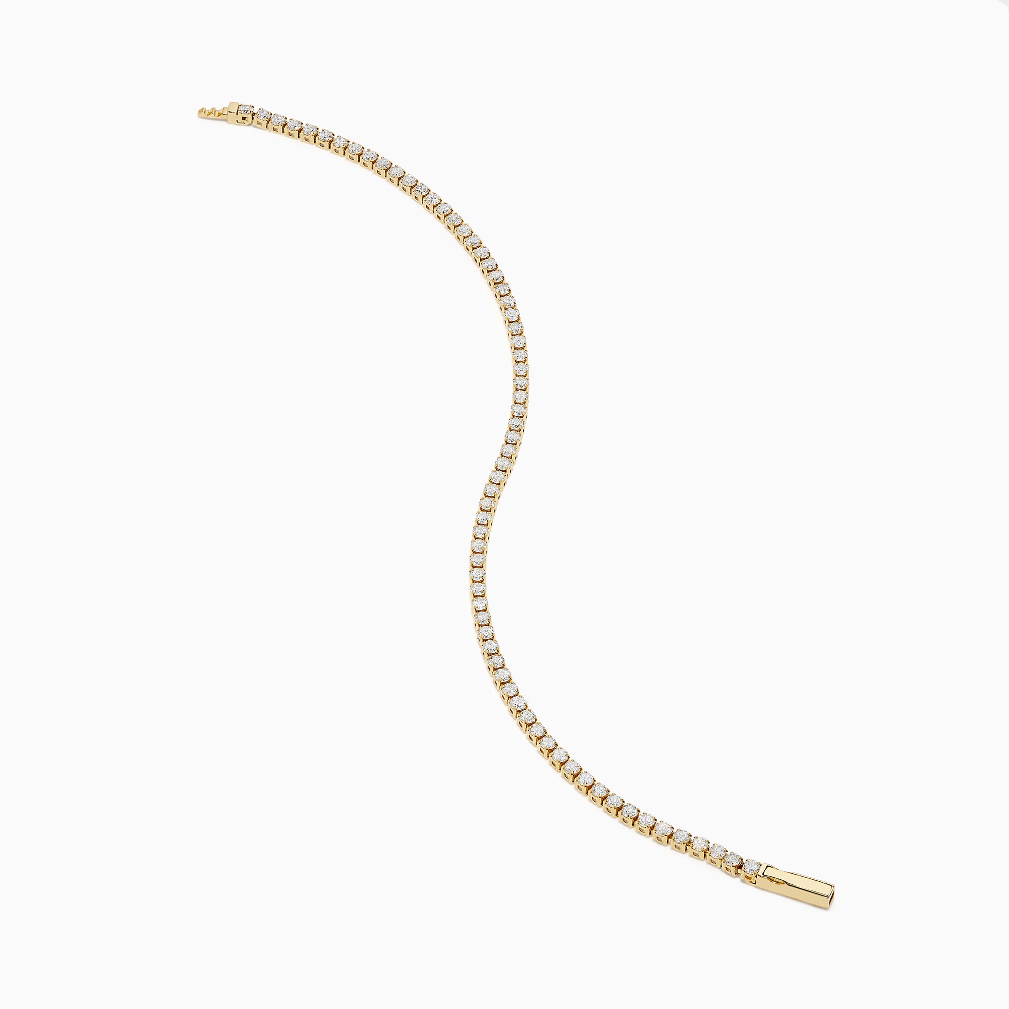 The 14K Yellow Gold Diamond Tennis Bracelet 2.33TCW, featuring a continuous row of sparkling round white diamonds, is elegantly shown on a simple white background.