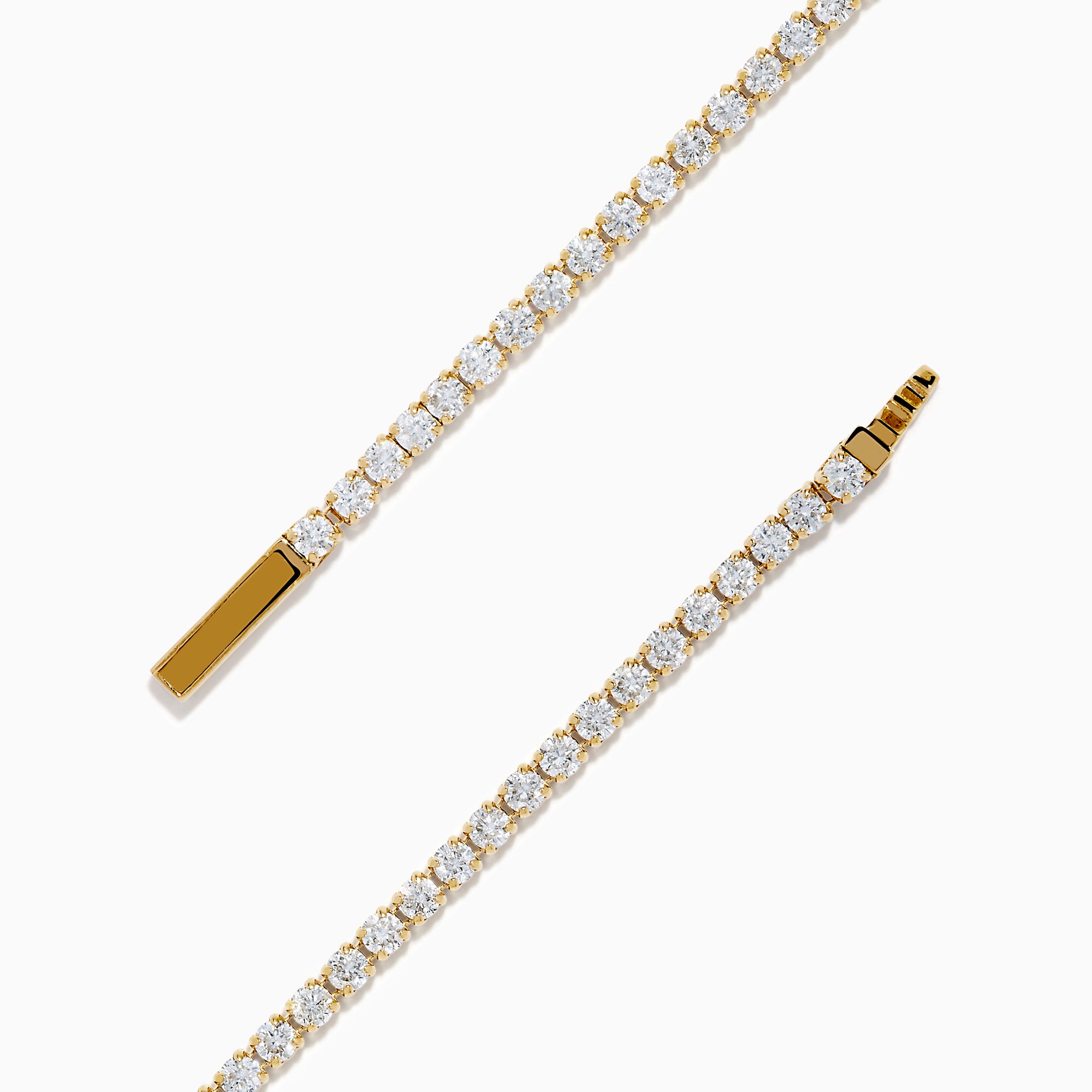 The 14K Yellow Gold Diamond Tennis Bracelet 2.33TCW, featuring a continuous row of sparkling round white diamonds, is elegantly shown on a simple white background.