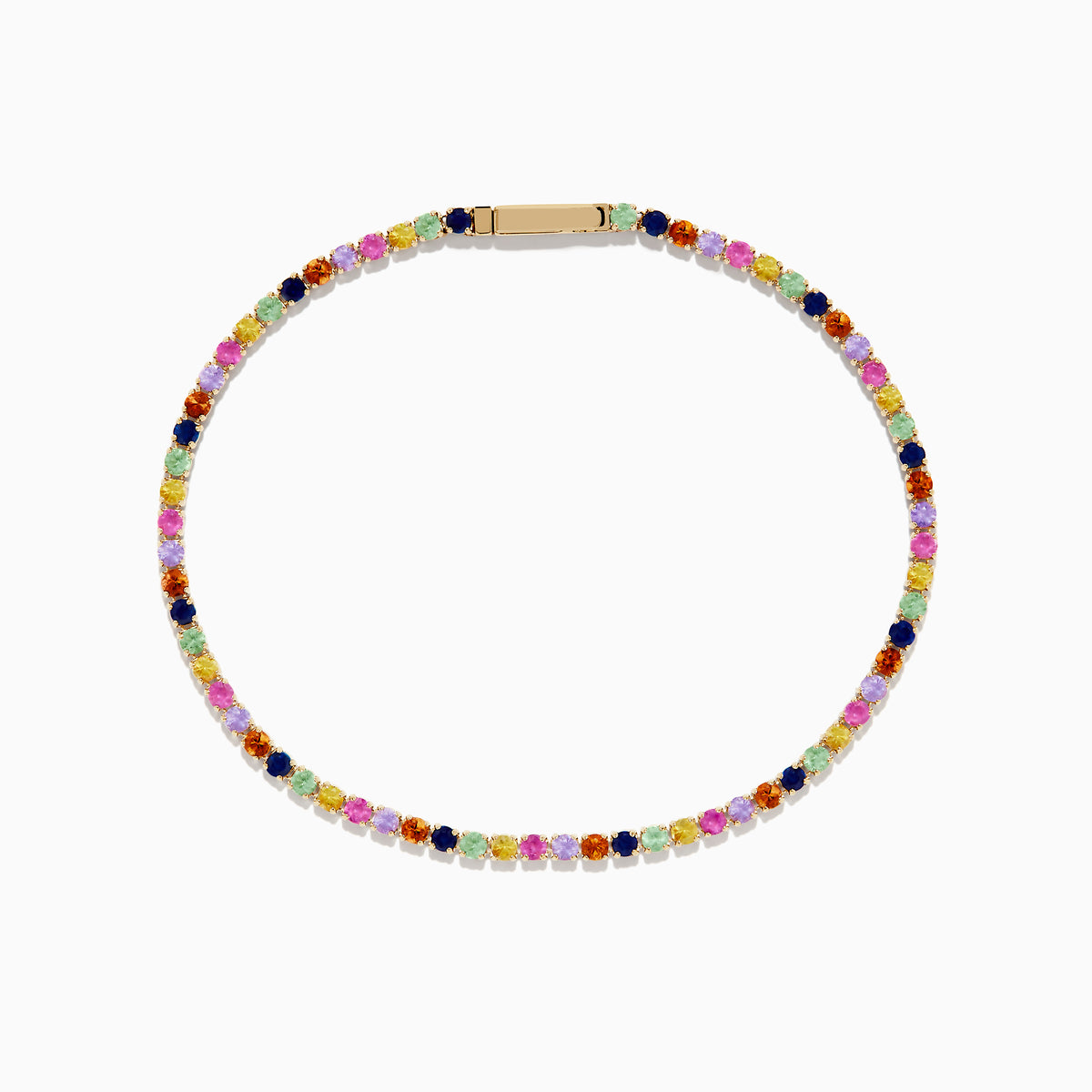 The Watercolors 14K Yellow Gold Multi Sapphire Tennis Bracelet features a single row of small, round, multicolored sapphires in a repeating pattern, displayed on a white background.
