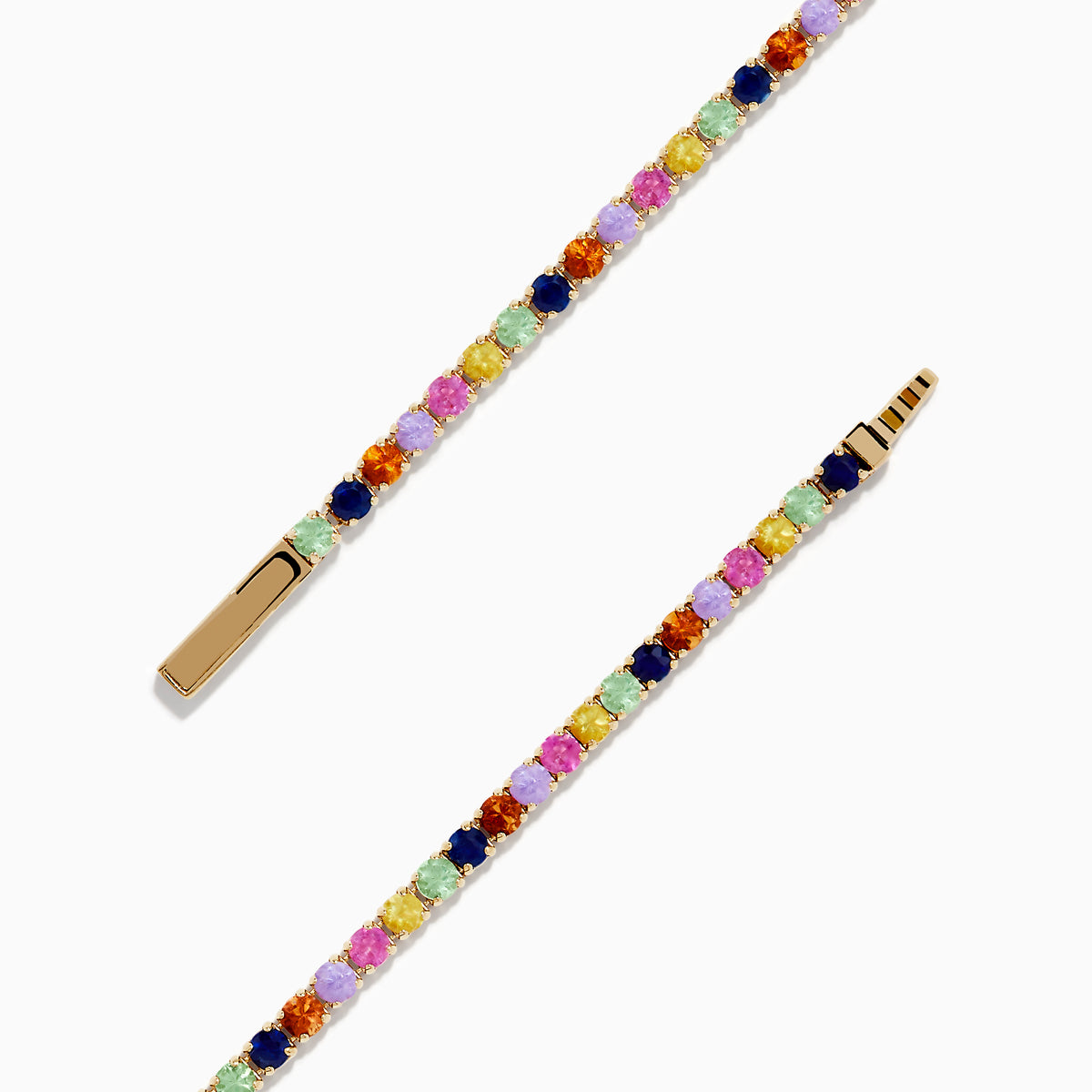 The Watercolors 14K Yellow Gold Multi Sapphire Tennis Bracelet features a single row of small, round, multicolored sapphires in a repeating pattern, displayed on a white background.