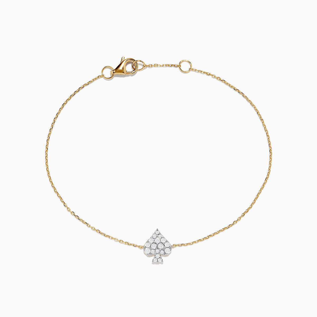The Casino 14K Yellow Gold Diamond Spade Suit Bracelet features a spade-shaped pendant adorned with sparkling diamonds, displayed on a plain white background.
