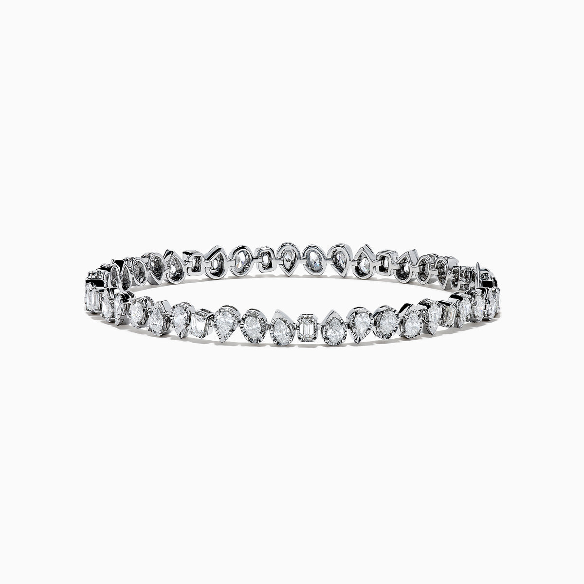 The 14K White Gold Fancy Cut Diamond Miracle Set Bracelet features alternating oval, pear, and emerald-cut diamonds in a continuous pattern against a white gold background.