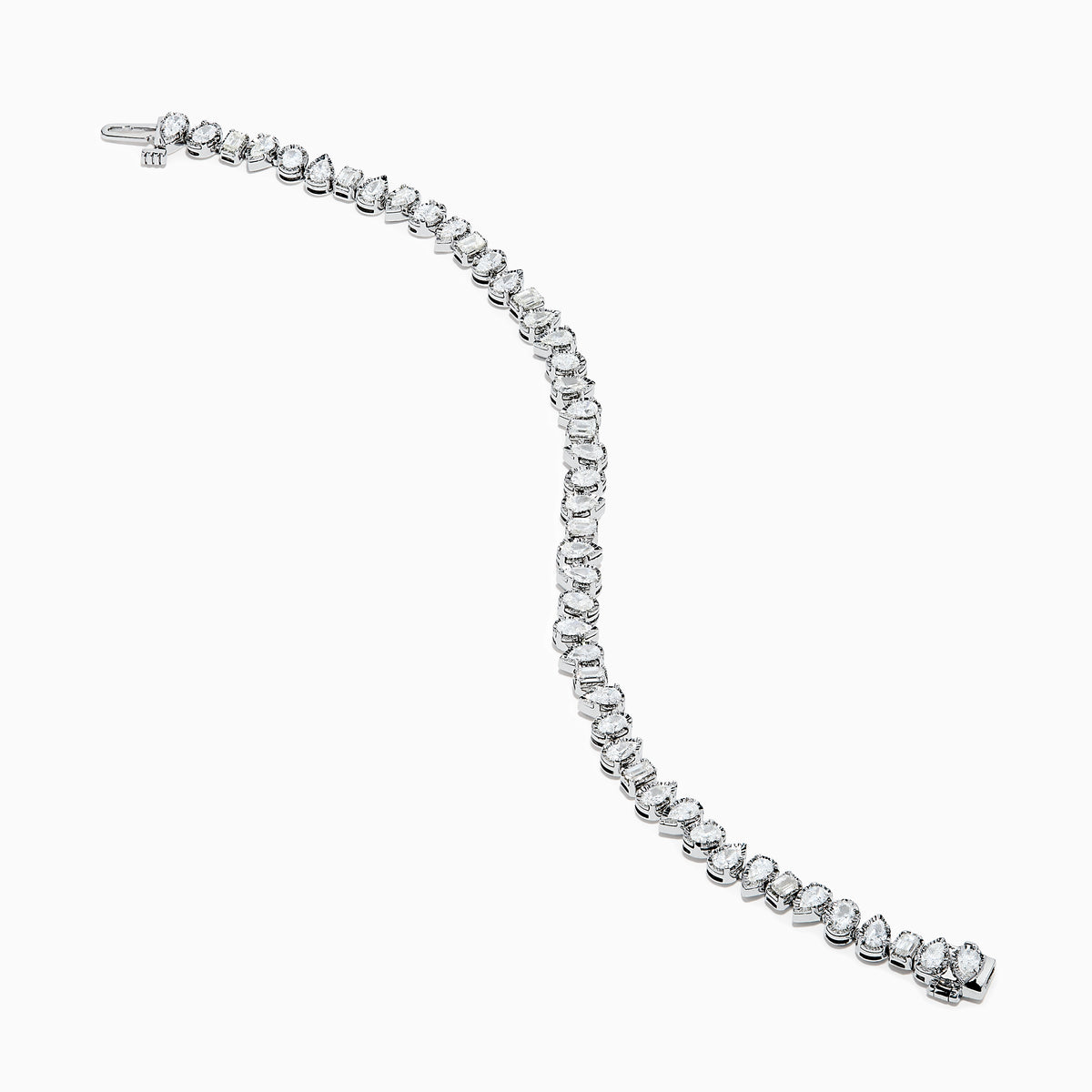 The 14K White Gold Fancy Cut Diamond Miracle Set Bracelet features alternating oval, pear, and emerald-cut diamonds in a continuous pattern against a white gold background.