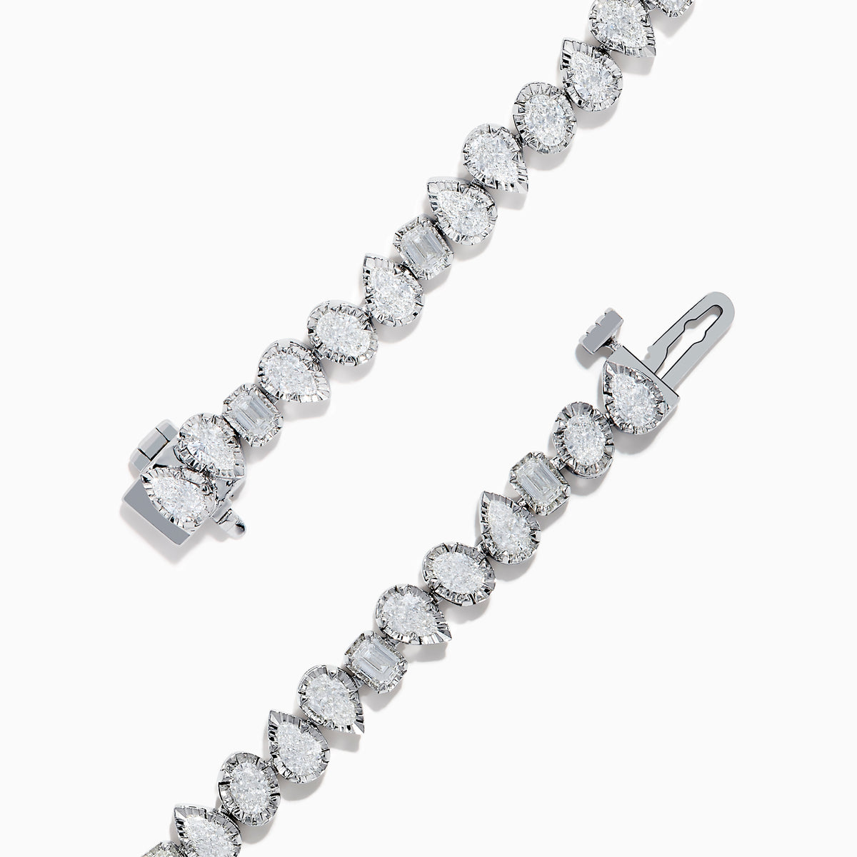 The 14K White Gold Fancy Cut Diamond Miracle Set Bracelet features alternating oval, pear, and emerald-cut diamonds in a continuous pattern against a white gold background.