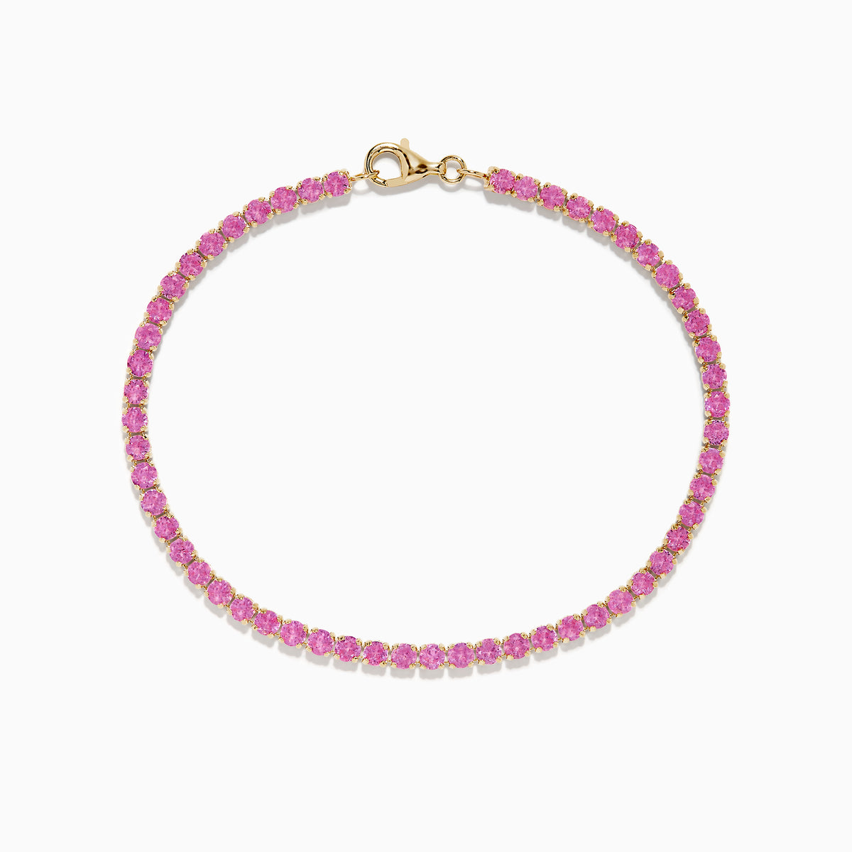 The 14K Yellow Gold Pink Sapphire Tennis Bracelet features small round pink sapphires in a continuous yellow gold setting with a gold clasp, displayed on a white background.