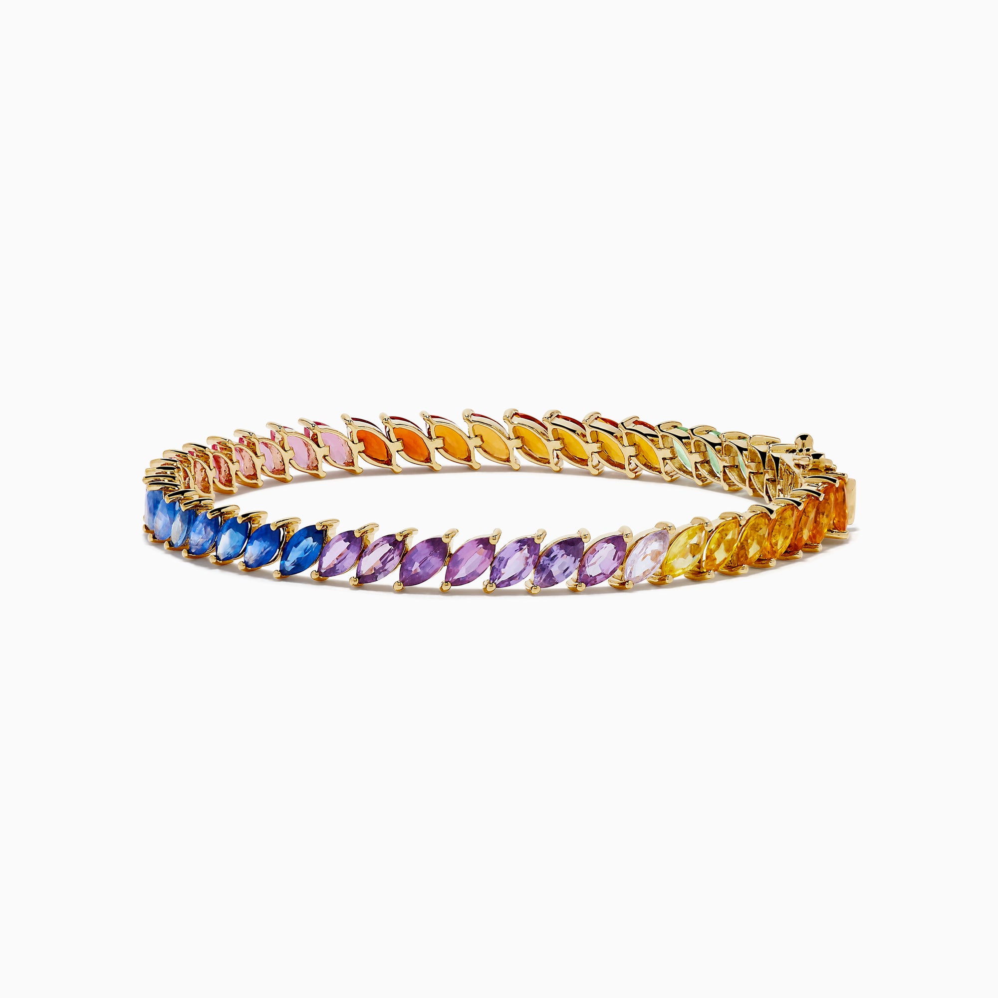The Watercolors 14K Yellow Gold Multi Sapphire Marquise Tennis Bracelet showcases marquise-cut sapphires in a vibrant blue, purple, pink, orange, and yellow gradient set in one elegant row.