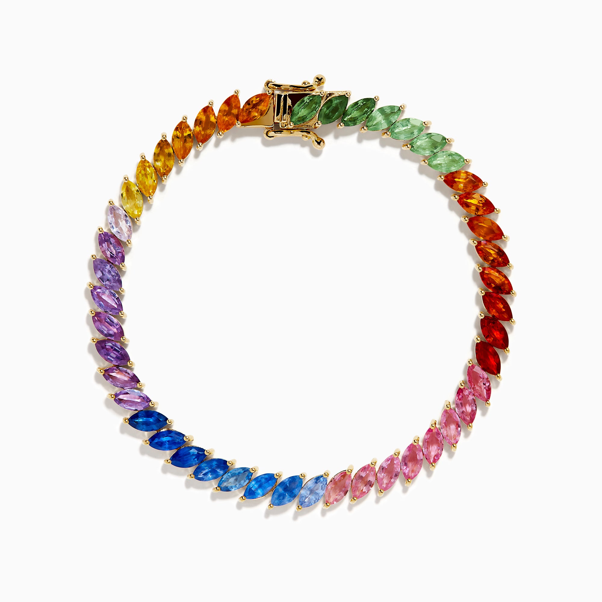 The Watercolors 14K Yellow Gold Multi Sapphire Marquise Tennis Bracelet showcases marquise-cut sapphires in a vibrant blue, purple, pink, orange, and yellow gradient set in one elegant row.
