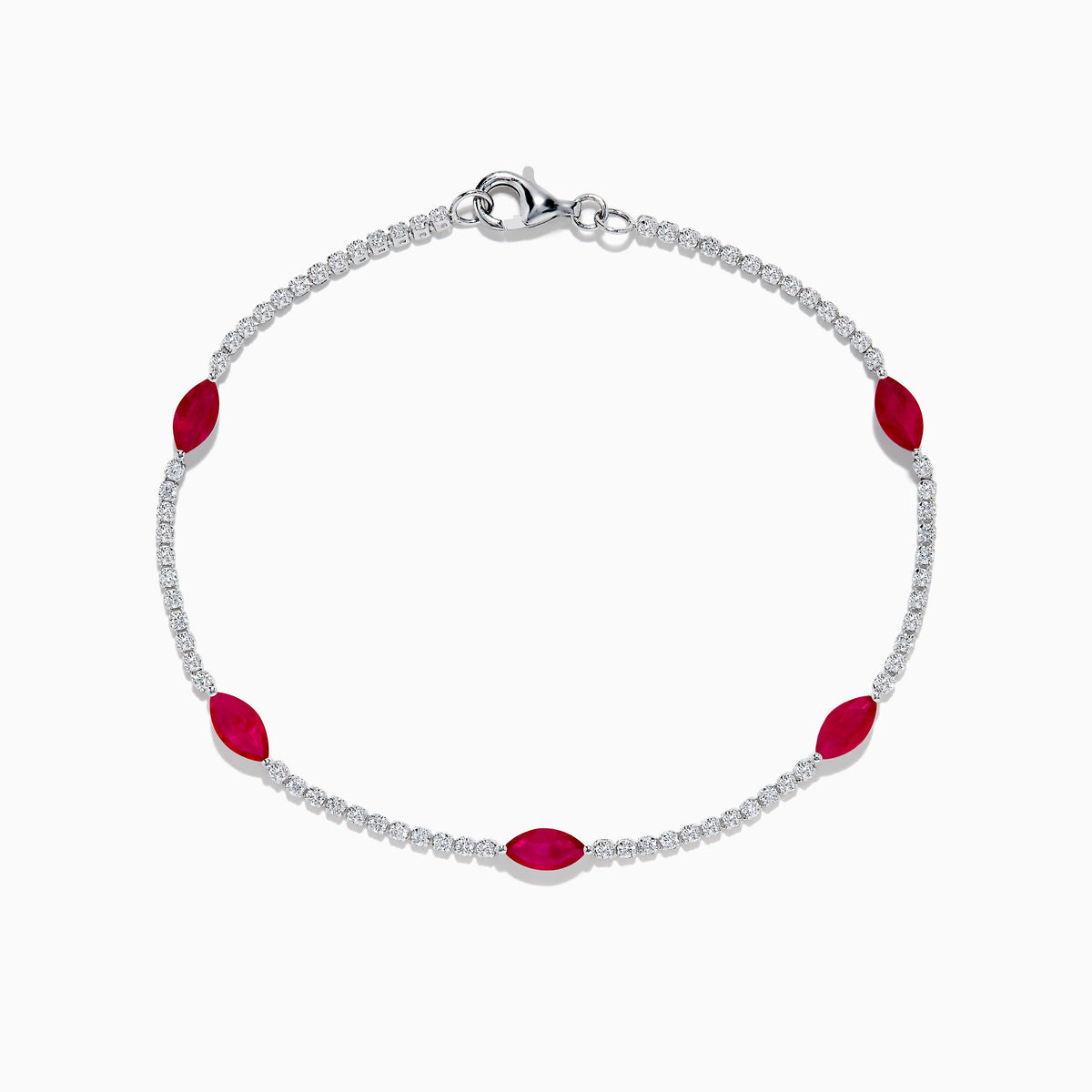 The Ruby Royale 14K White Gold Ruby and Diamond Tennis Bracelet features a thin strand of white diamonds with five marquise-shaped rubies and a silver clasp, displayed on a white background.