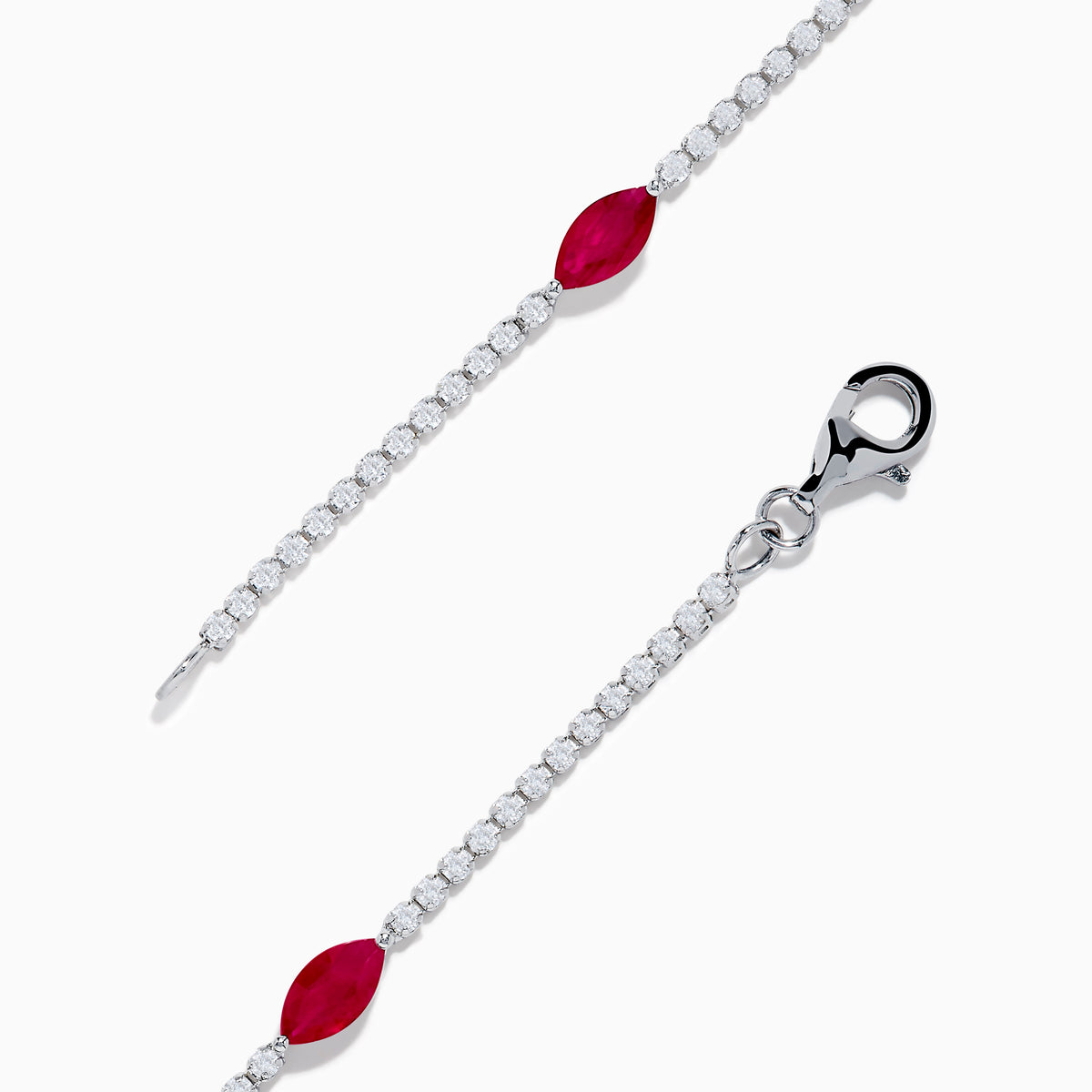 The Ruby Royale 14K White Gold Ruby and Diamond Tennis Bracelet features a thin strand of white diamonds with five marquise-shaped rubies and a silver clasp, displayed on a white background.