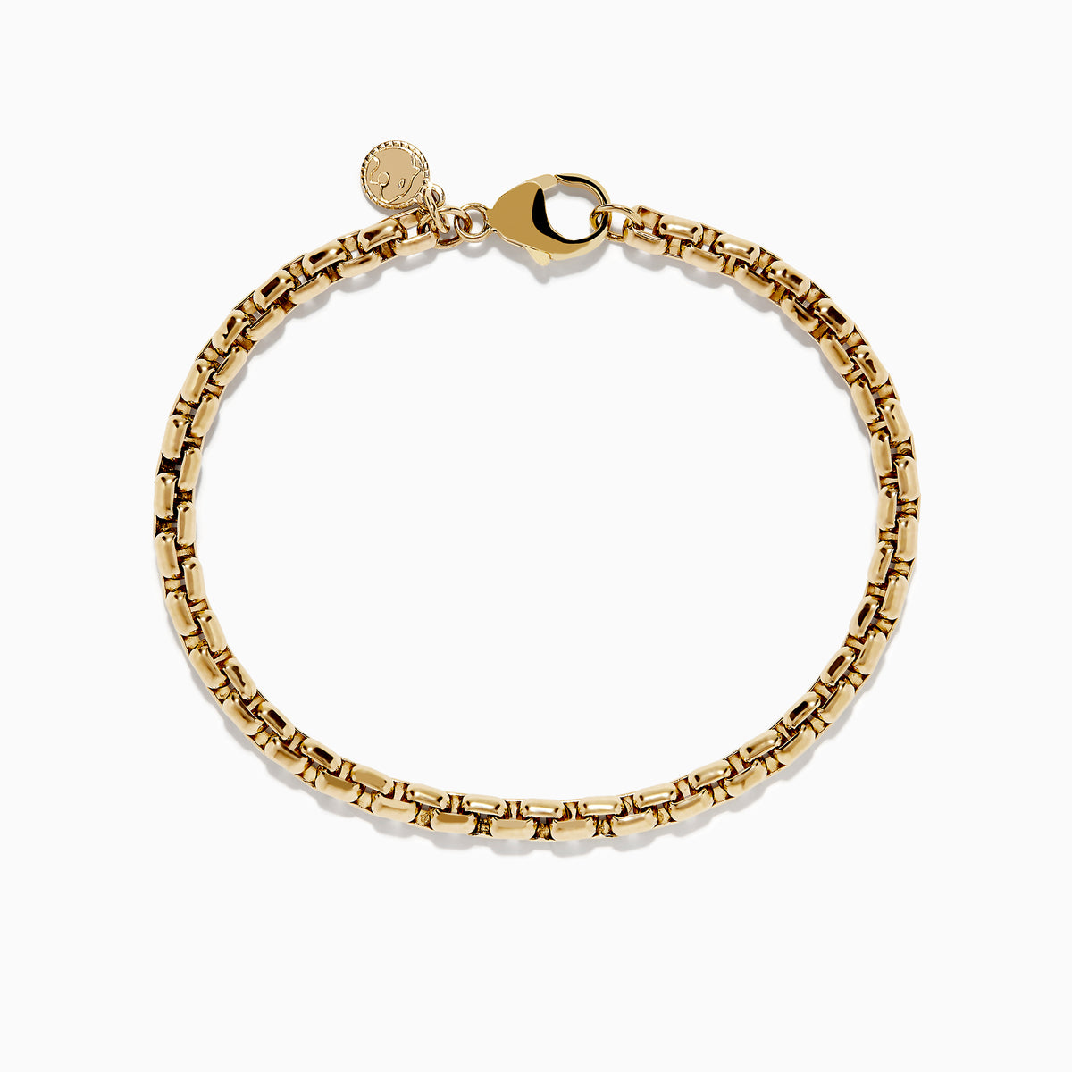 Mens 14K yellow gold chain bracelet, 8.25 long, featuring rectangular links, a lobster clasp, and a small round charm near the clasp, displayed on a white background.
