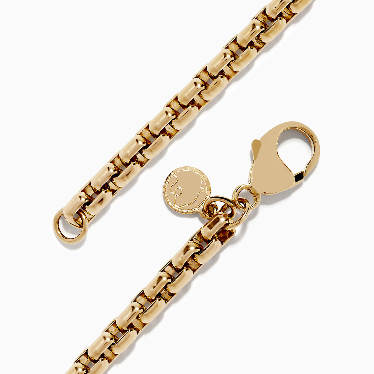 Mens 14K yellow gold chain bracelet, 8.25 long, featuring rectangular links, a lobster clasp, and a small round charm near the clasp, displayed on a white background.