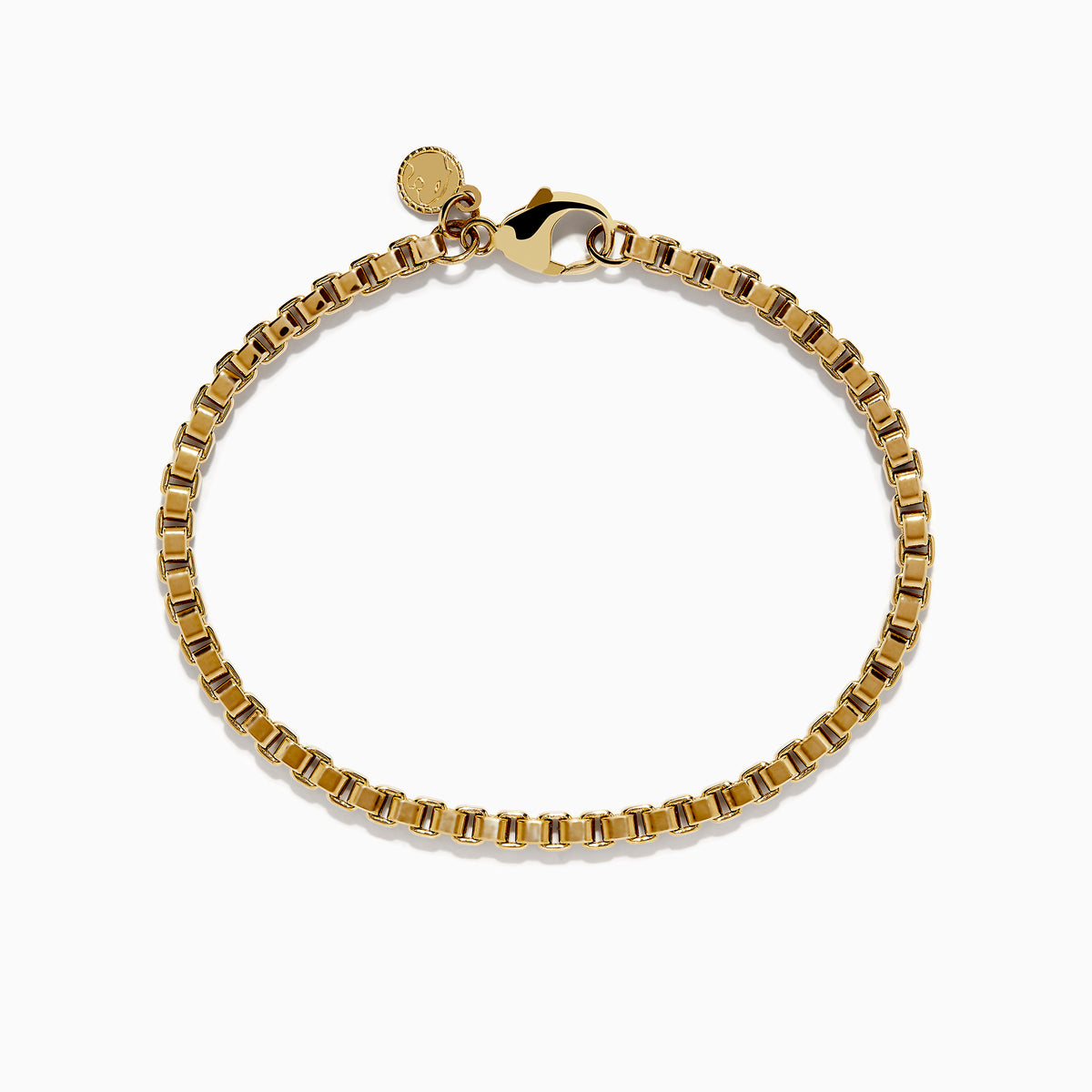 The Mens 14K Yellow Gold Chain Bracelet 8.5 features a classic box chain, lobster clasp, and a small round charm, showcased on a white background.