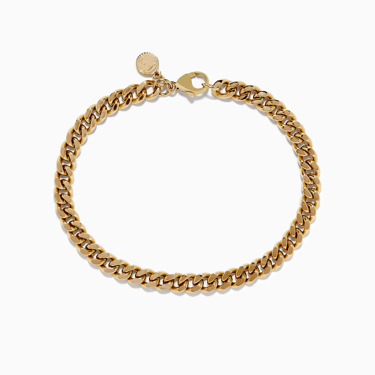 The Mens 14K Yellow Gold Chain Bracelet 8.25 features a chunky curb link design and a small round charm near the clasp, shown against a white background.
